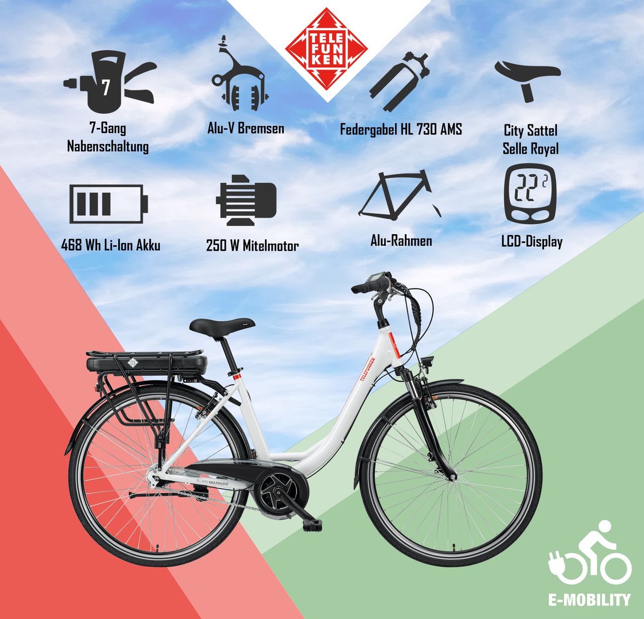 Telefunken Damen City E-Bike RC890 Multitalent mit 7-Gang Shimano Nabenschaltung, Weiß