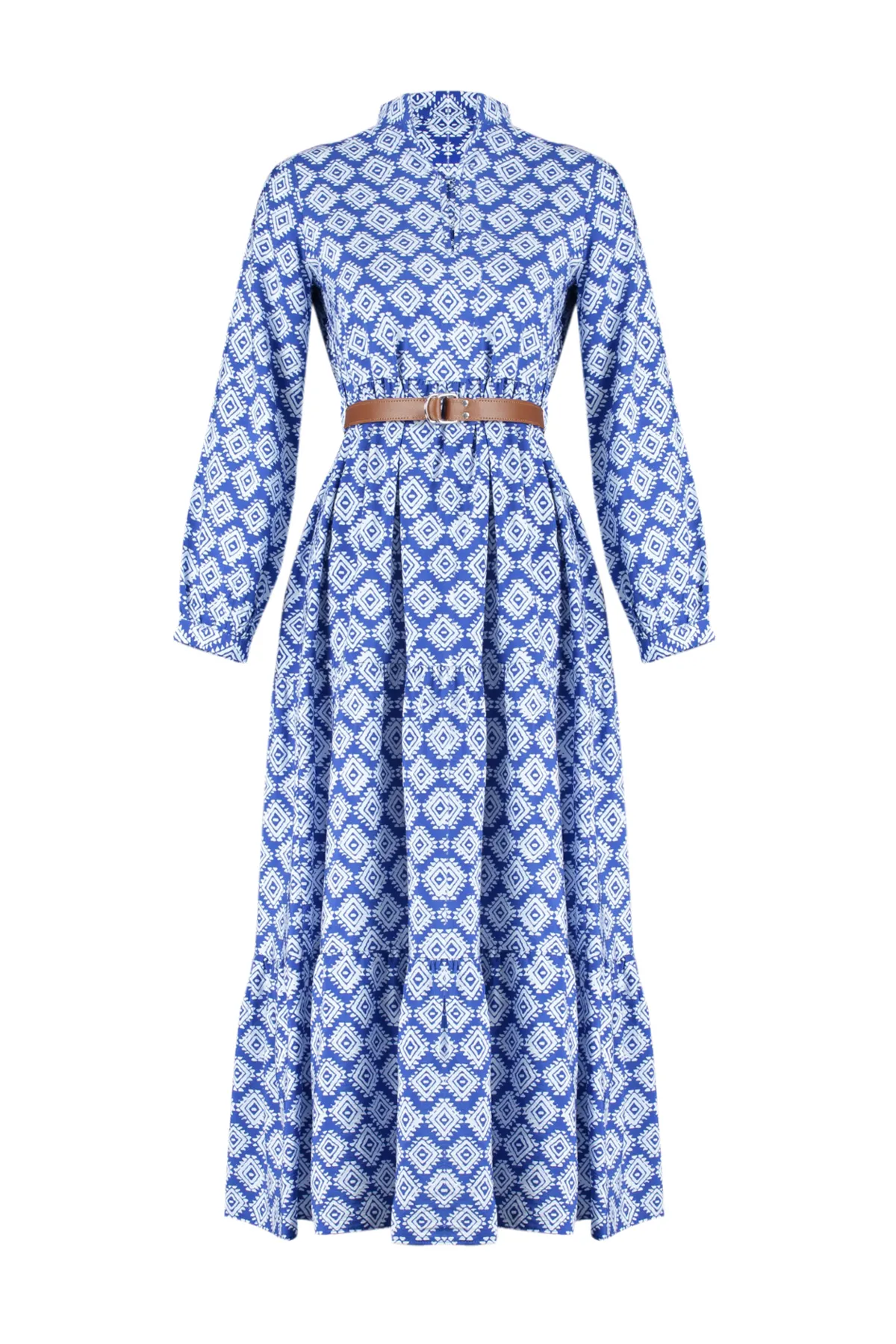 Trendyol Modest  Saks-Gürtelrock, Volant, Blumenmuster, gefüttertes Webkleid TCTSS23EB00111