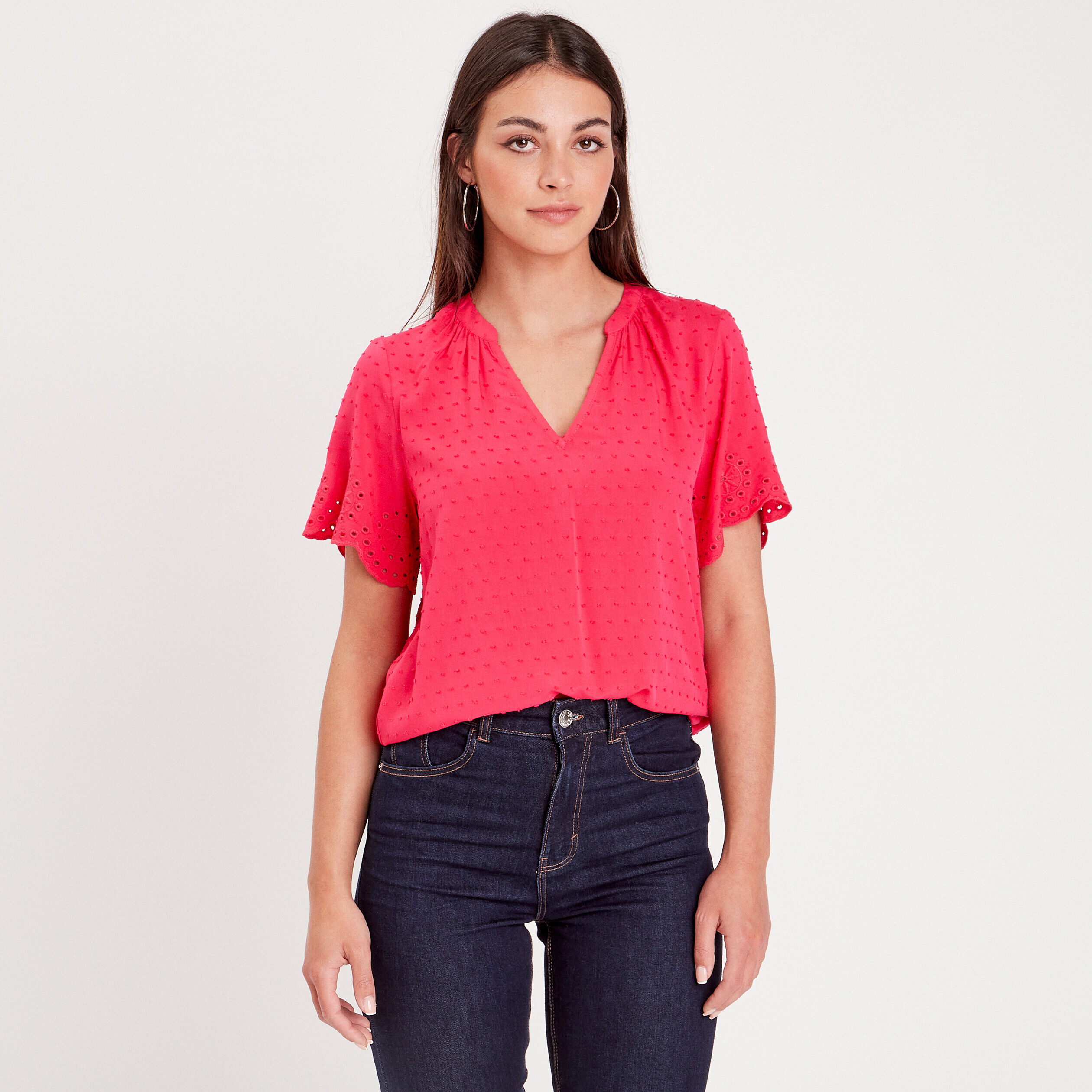 Blouse manches broderie rose vif femme | Cache Cache