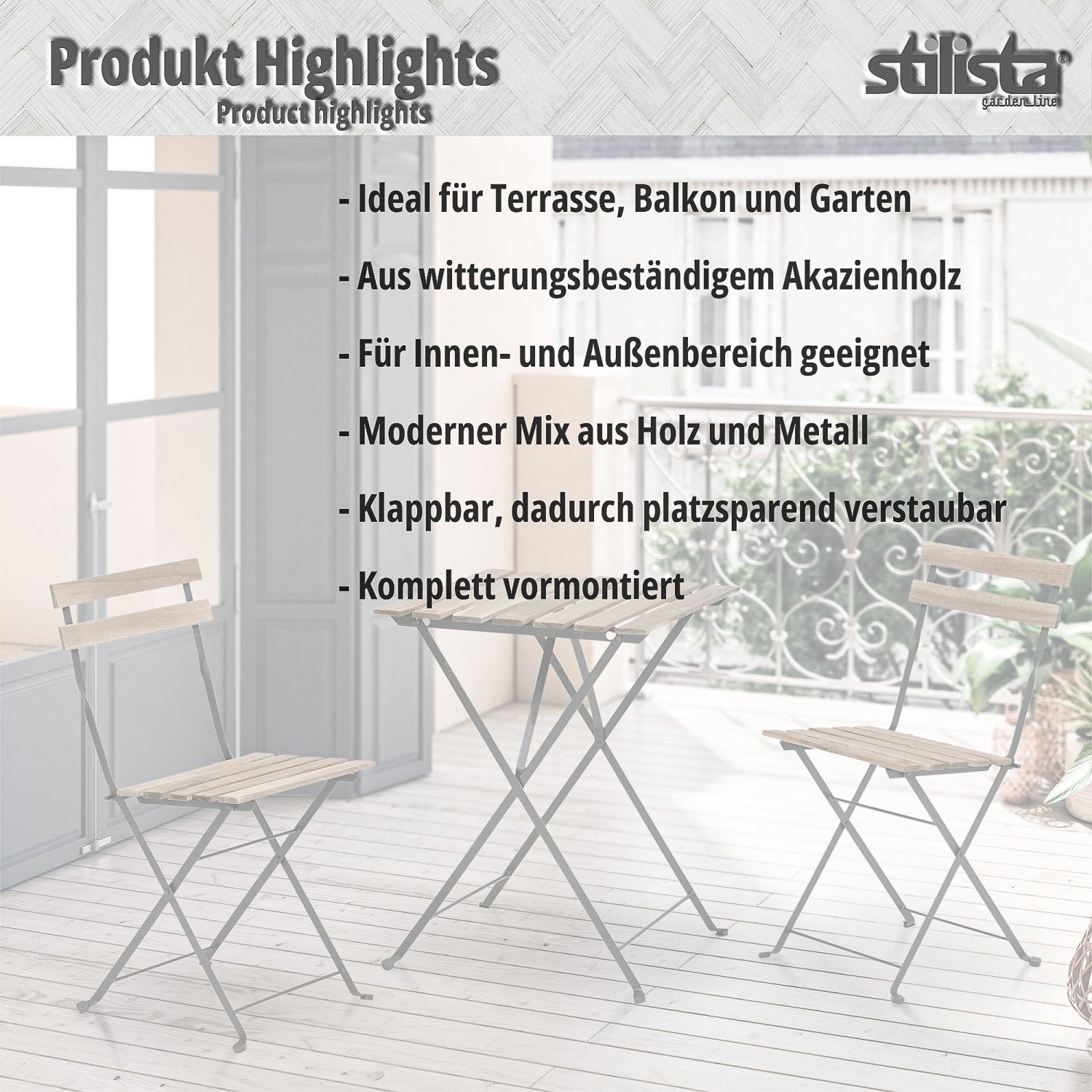 STILISTA Balkonset Bistroset Sitzgruppe Gartenmöbel Terrassenmöbel, (Set, 3er Set), FSC®-zertifiziertes Akazienholz und Metall, 3-tlg., Klappbar