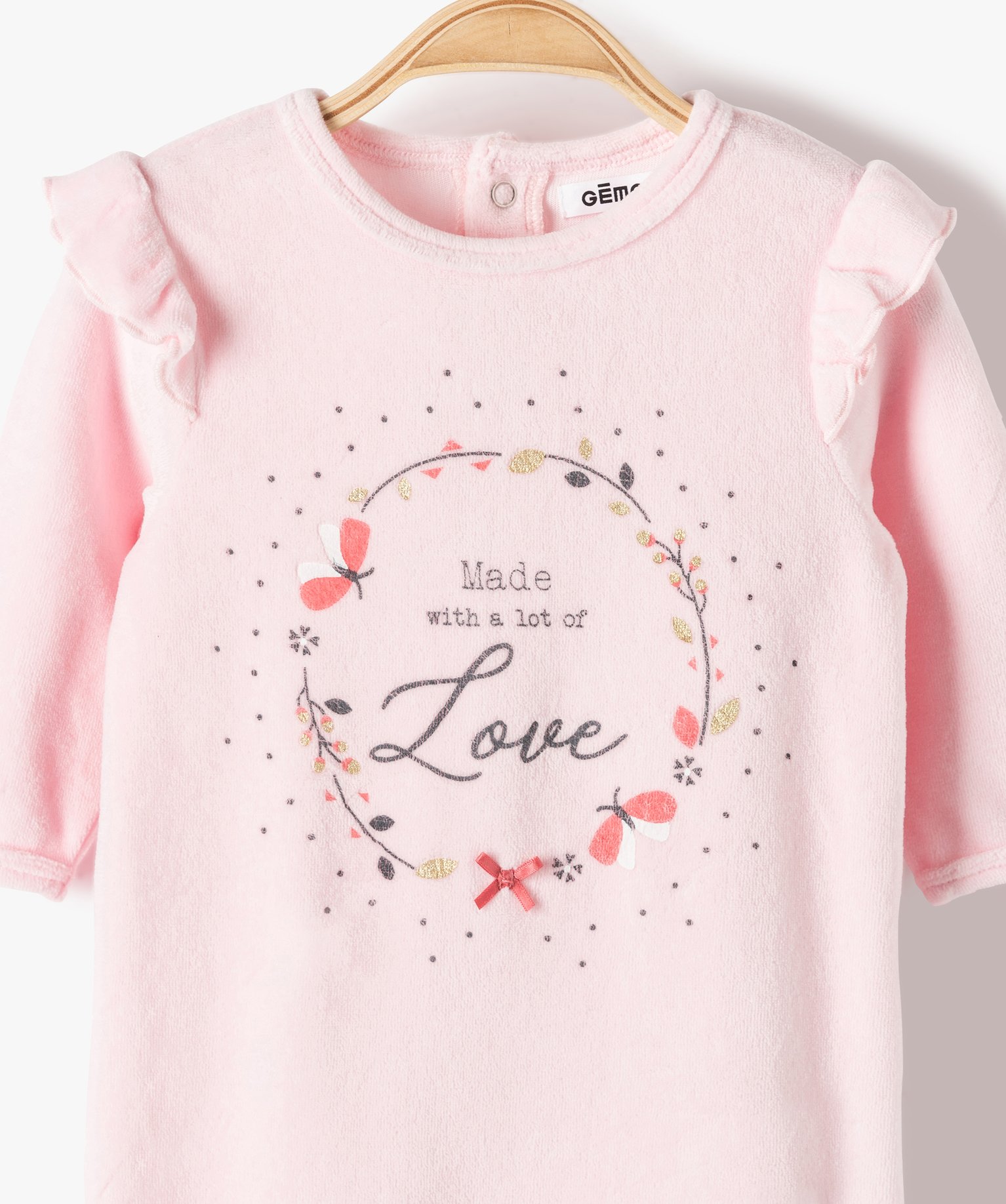 Pyjama bébé fille en velours avec volants sur les épaules rose | GEMO