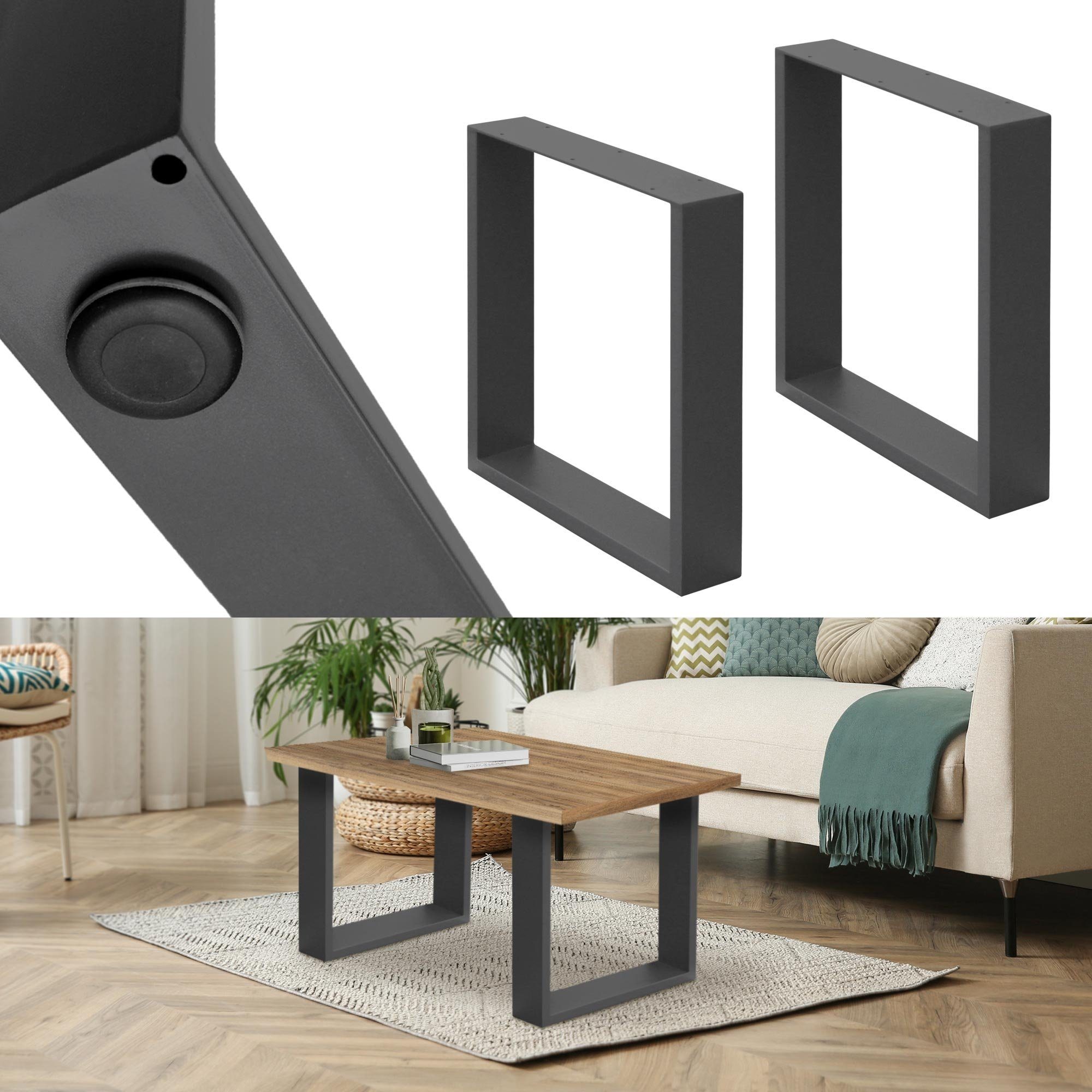 ECD Germany Tischbein Tischkufen Tischuntergestell Tischgestell Möbelfüße, 2er Set 40x43cm Dunkelgrau Stahl Industriedesign