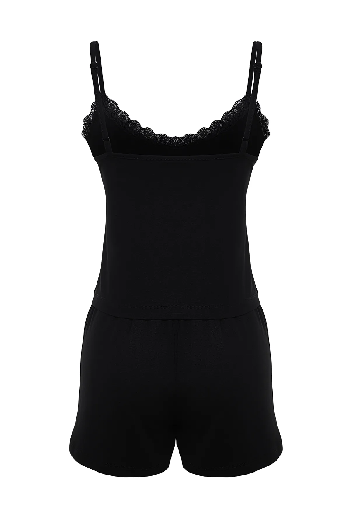 Trendyol Collection  Schwarzes Pyjama-Set aus Viskose-Strick mit Spitzendetail und String-Trägern THMSS24PT00007
