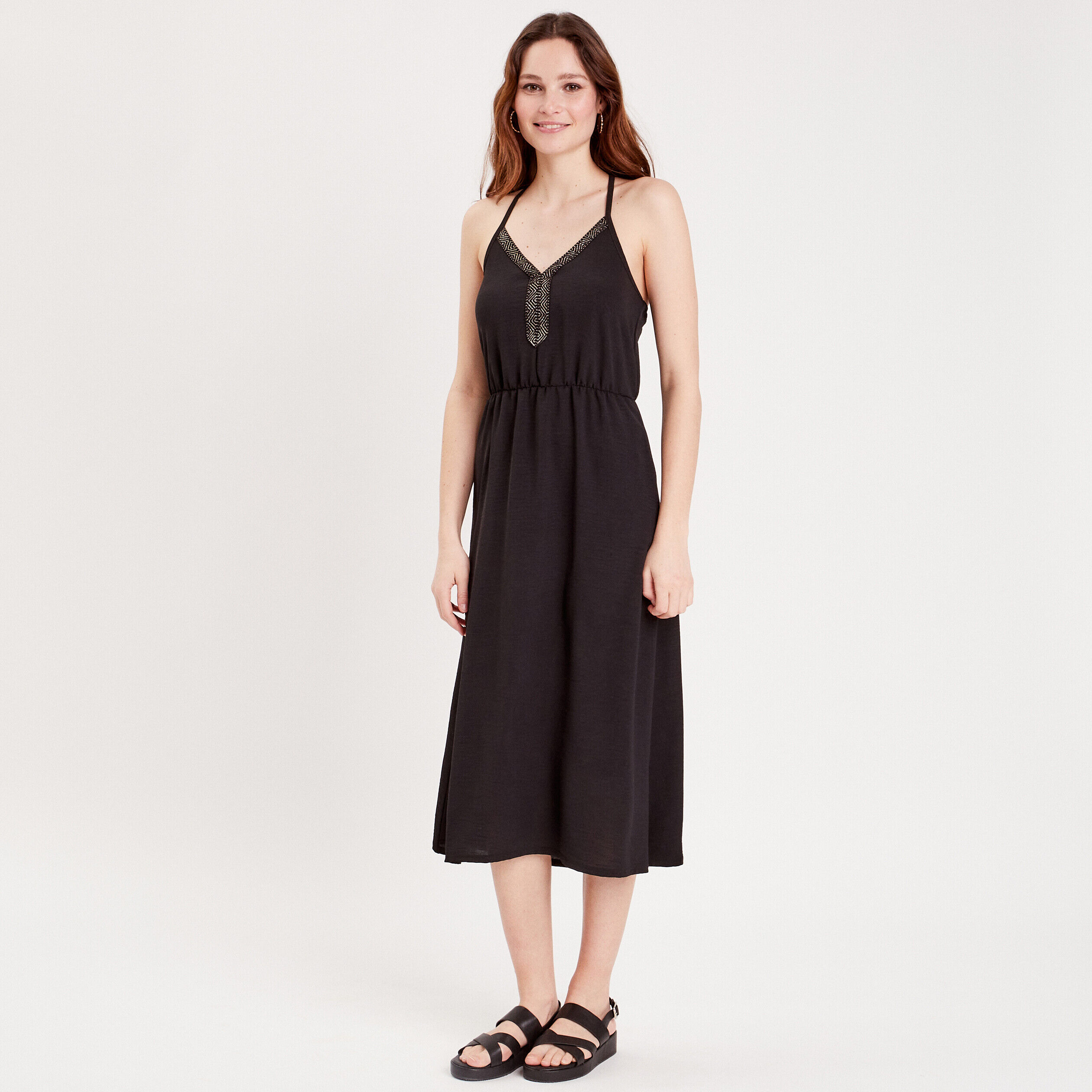 Robe longue évasée noir femme | Cache Cache