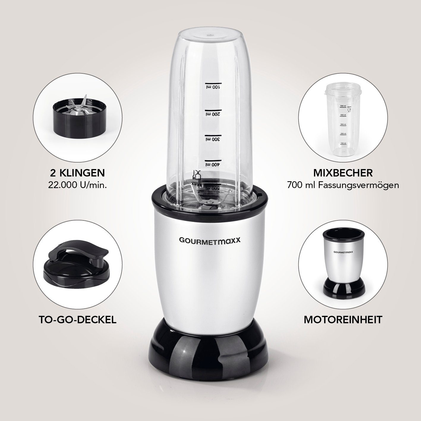 GOURMETmaxx Smoothie-Maker Nutrition Mixer 4-tlg., 500,00 W, inkl. To Go Deckel, Mixbecher 700ml