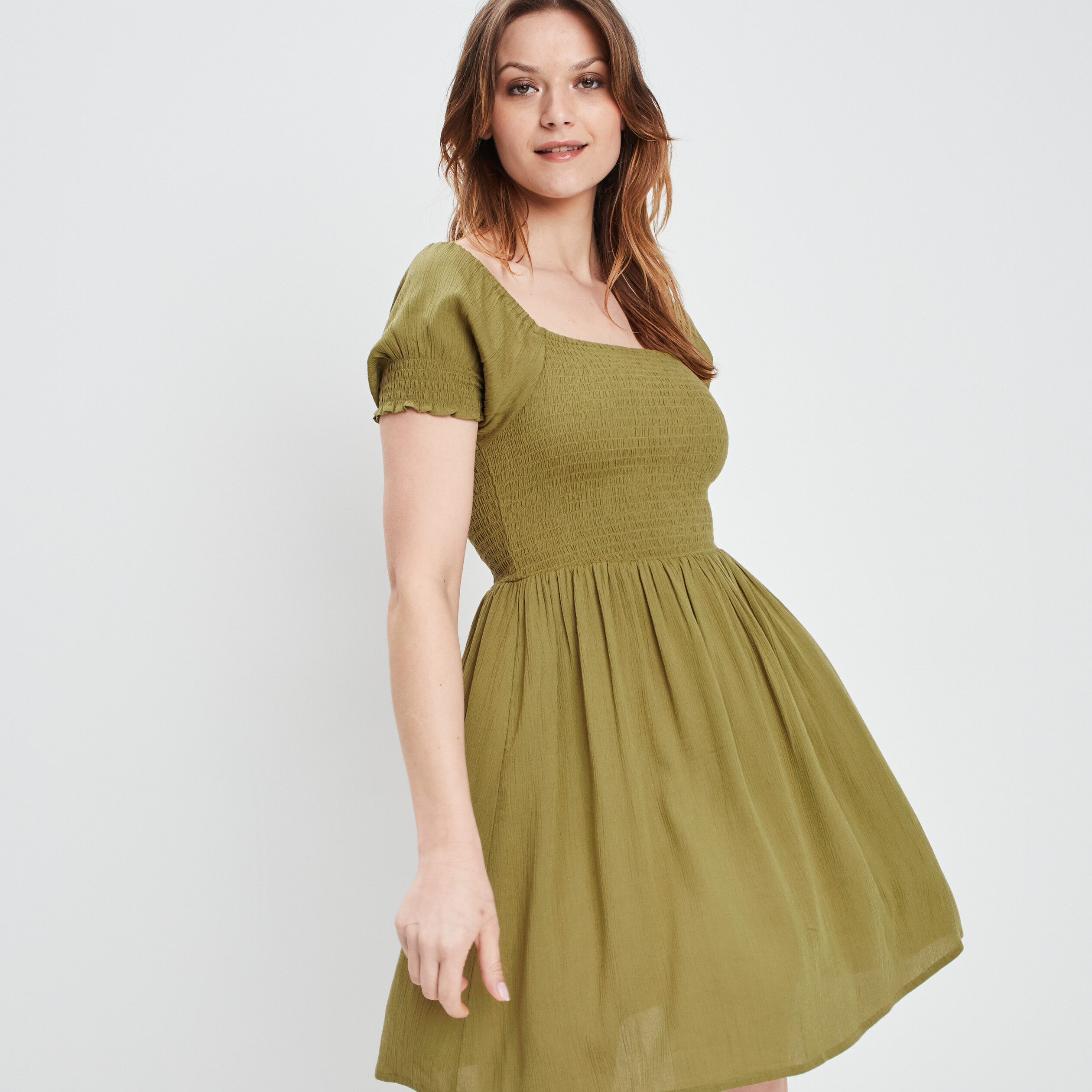 Robe patineuse encolure carrée vert kaki femme | La Halle