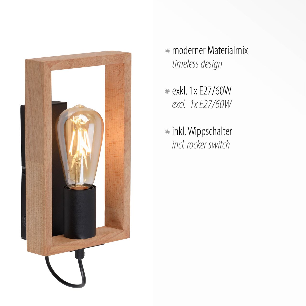 JUST LIGHT LeuchtenDirekt Wandleuchte FRAME, 1xE27/max. 60W, Innenleuchte, IP20, Wippschalter,  Metall und Holz