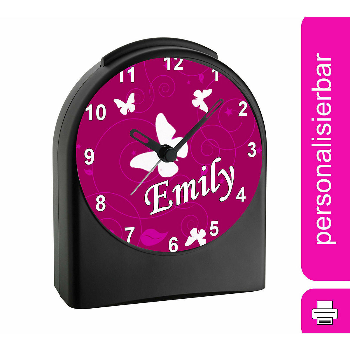 Kinder Funkwecker personalisiert mit Namen Schmetterling Ornamente Atom-/Funkuhr, 12-Stunden-Anzeigeformat, Schlummerfunktion, Nachtlicht, Geräuschlos/Ohne Ticken