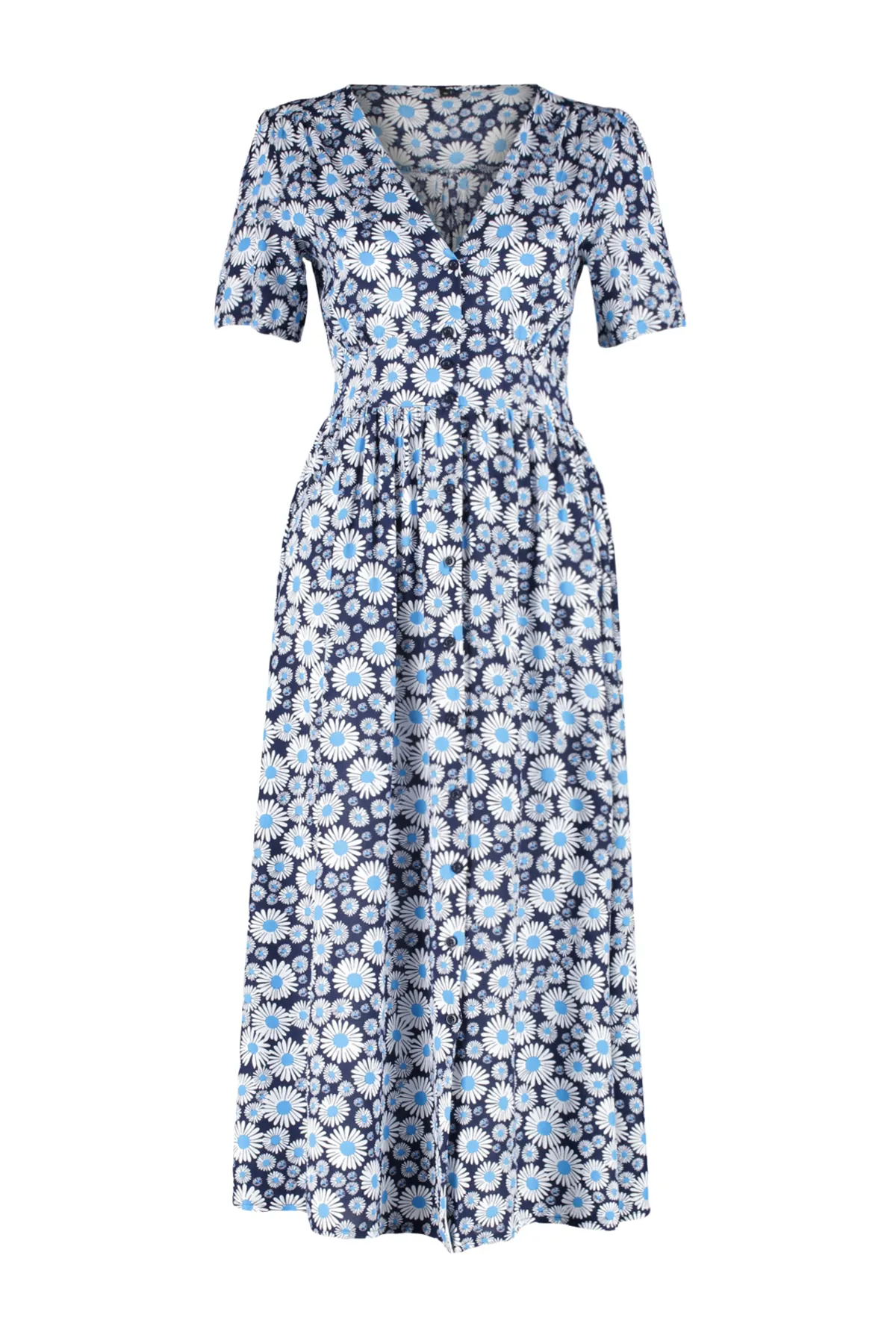 Trendyol Collection  Blaues, gewebtes Midi-Hemdkleid mit Blumenmuster und V-Ausschnitt TWOSS24EL00518