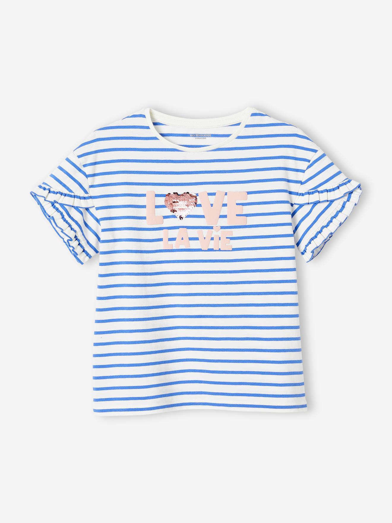 Vertbaudet Mädchen T-Shirt mit Paillettenherz - blau gestreift