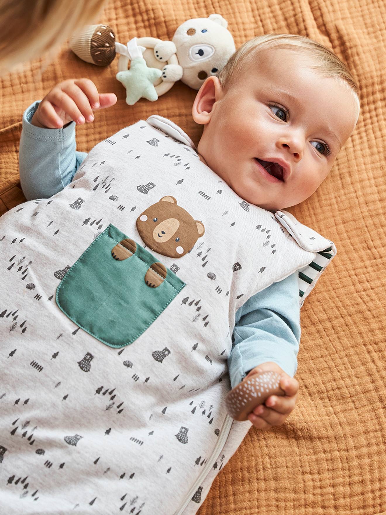 Vertbaudet Ärmelloser Baby Schlafsack GRÜNER WALD Oeko-Tex - beige meliert