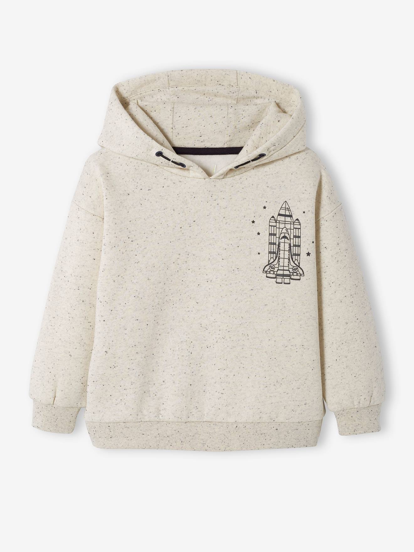 Sweat à capuche motif navette spaciale garçon en molleton effet moucheté ecru