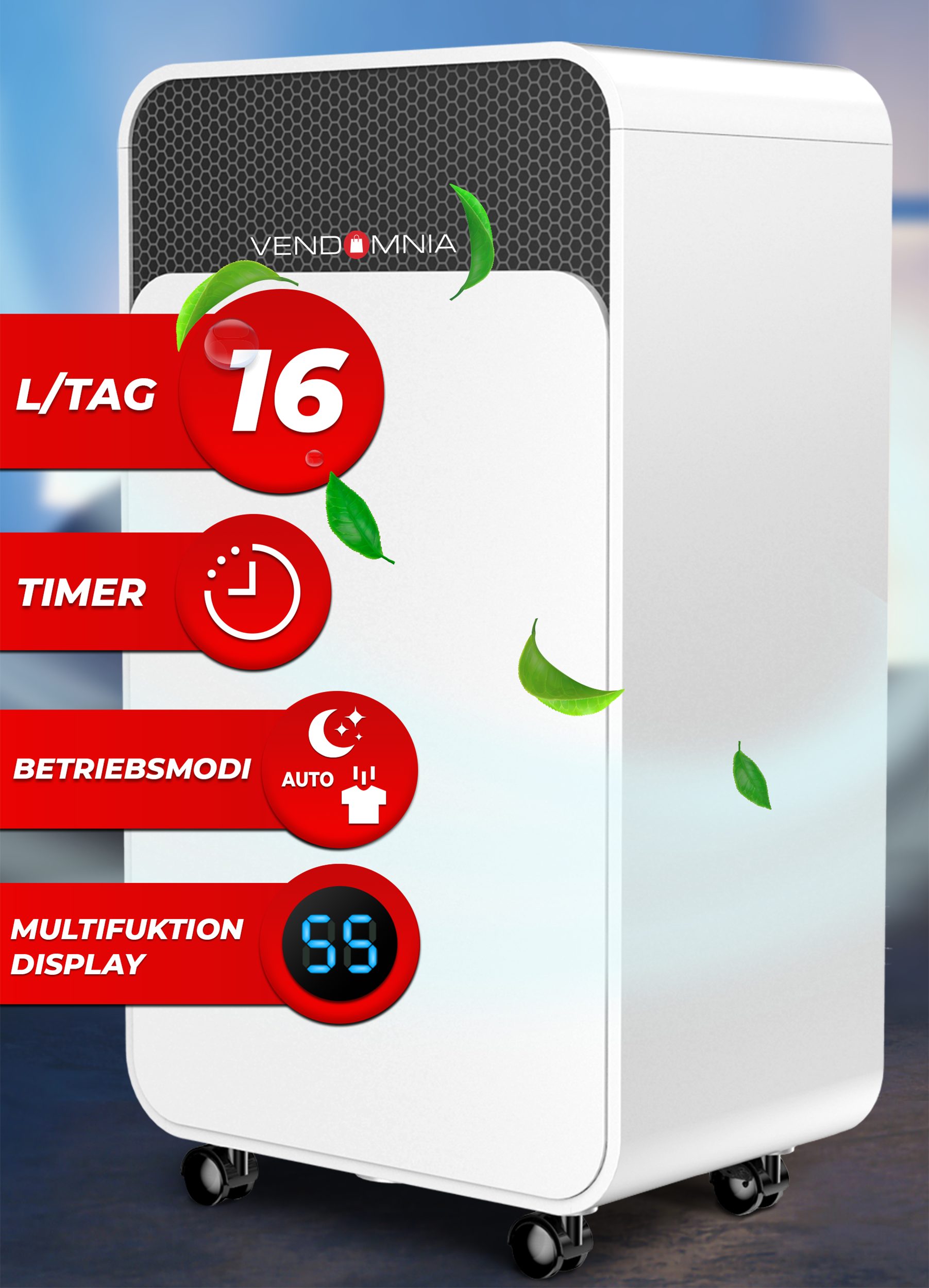 VENDOMNIA Luftreiniger Luftentfeuchter 16L/Tag Timer Raumentfeuchter Entfeuchtungsgerät, für 30 m² Räume, 2L Behälter, bis 30 m², elektrisch, Digitalanzeige