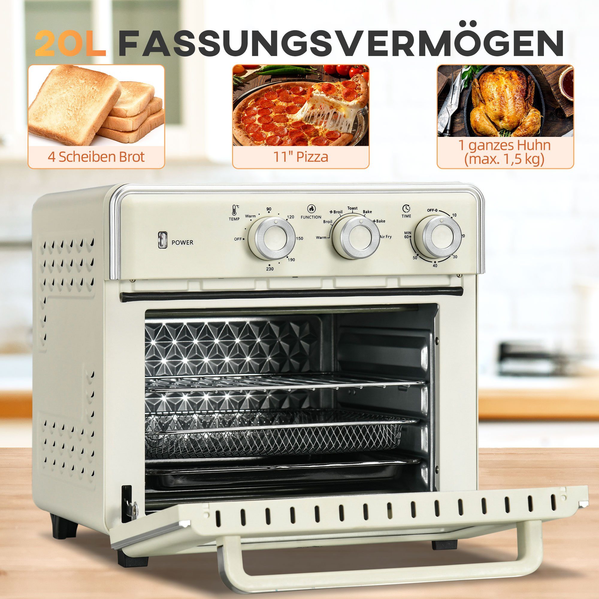 HOMCOM Minibackofen 5-in 1 Mini Ofen, 20 L Fassungsvermögen, 1400W, mit Drehspieß