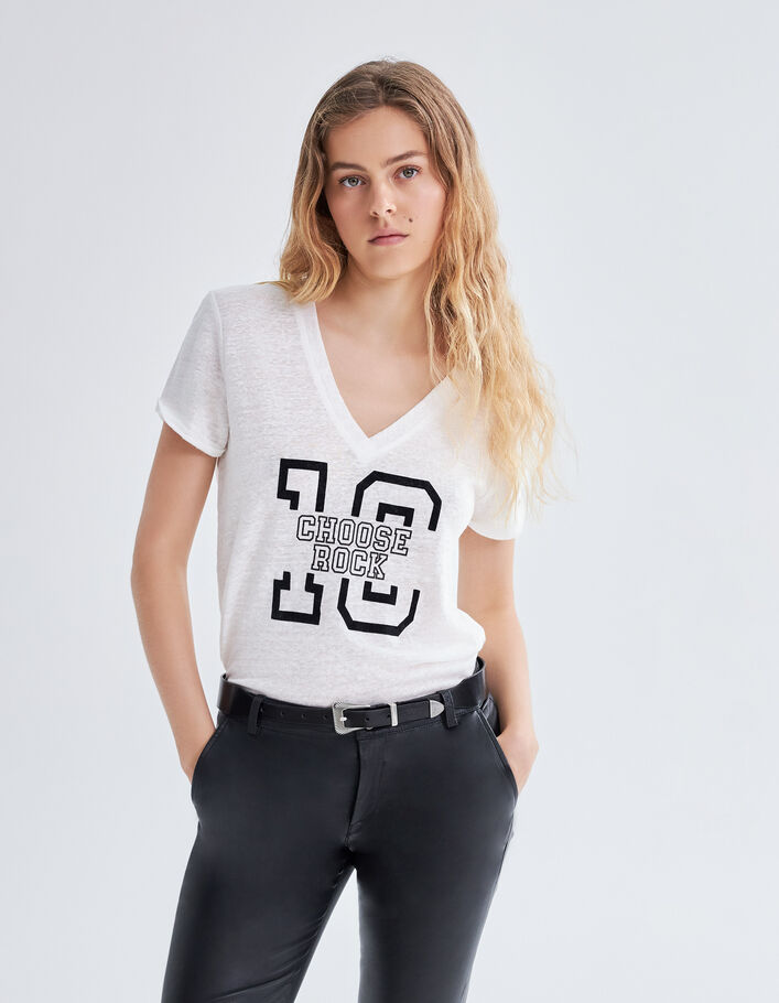 Tee-shirt écru en maille de lin à message Femme