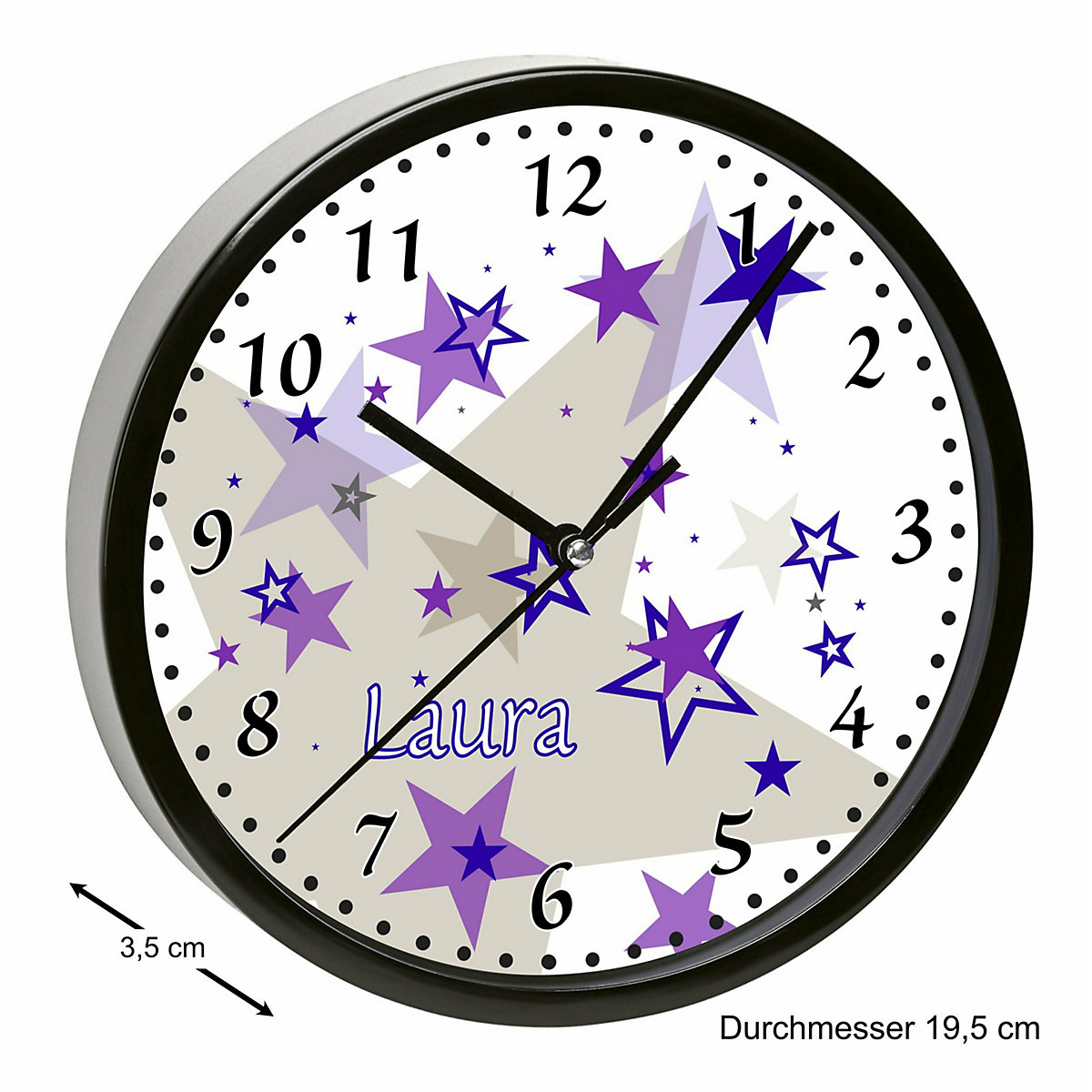 Kinder Wanduhr laufruhig personalisiert mit Name Sternenhimmel Lila Grau