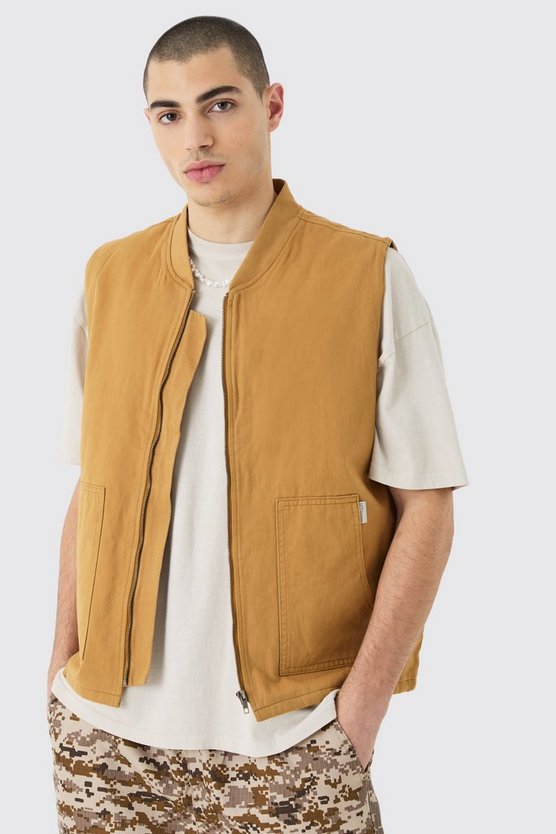 Twill Weste mit Man-Etikett und Reißverschluss