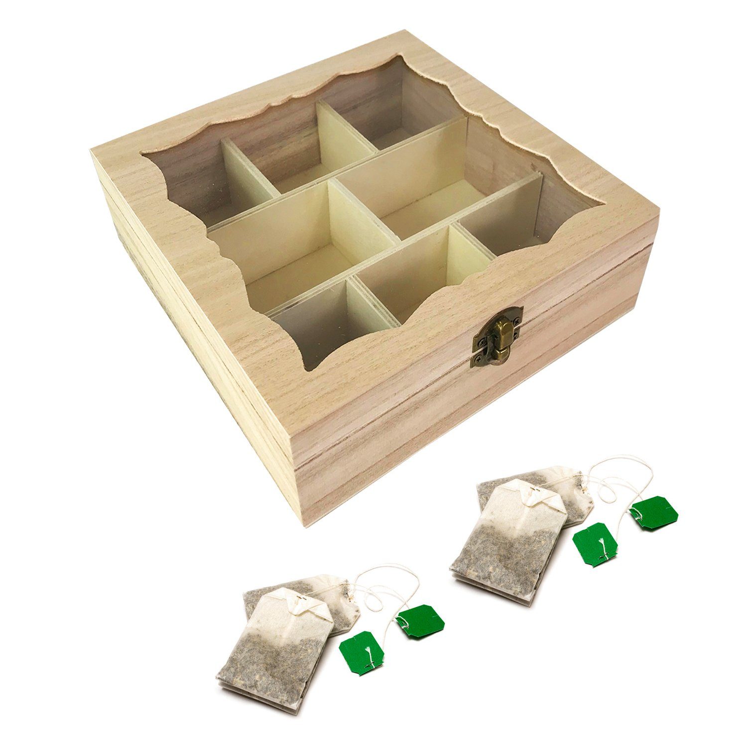 Mojawo Thermobehälter Teebox Holz Natur mit Glasdeckel 8 Fächer