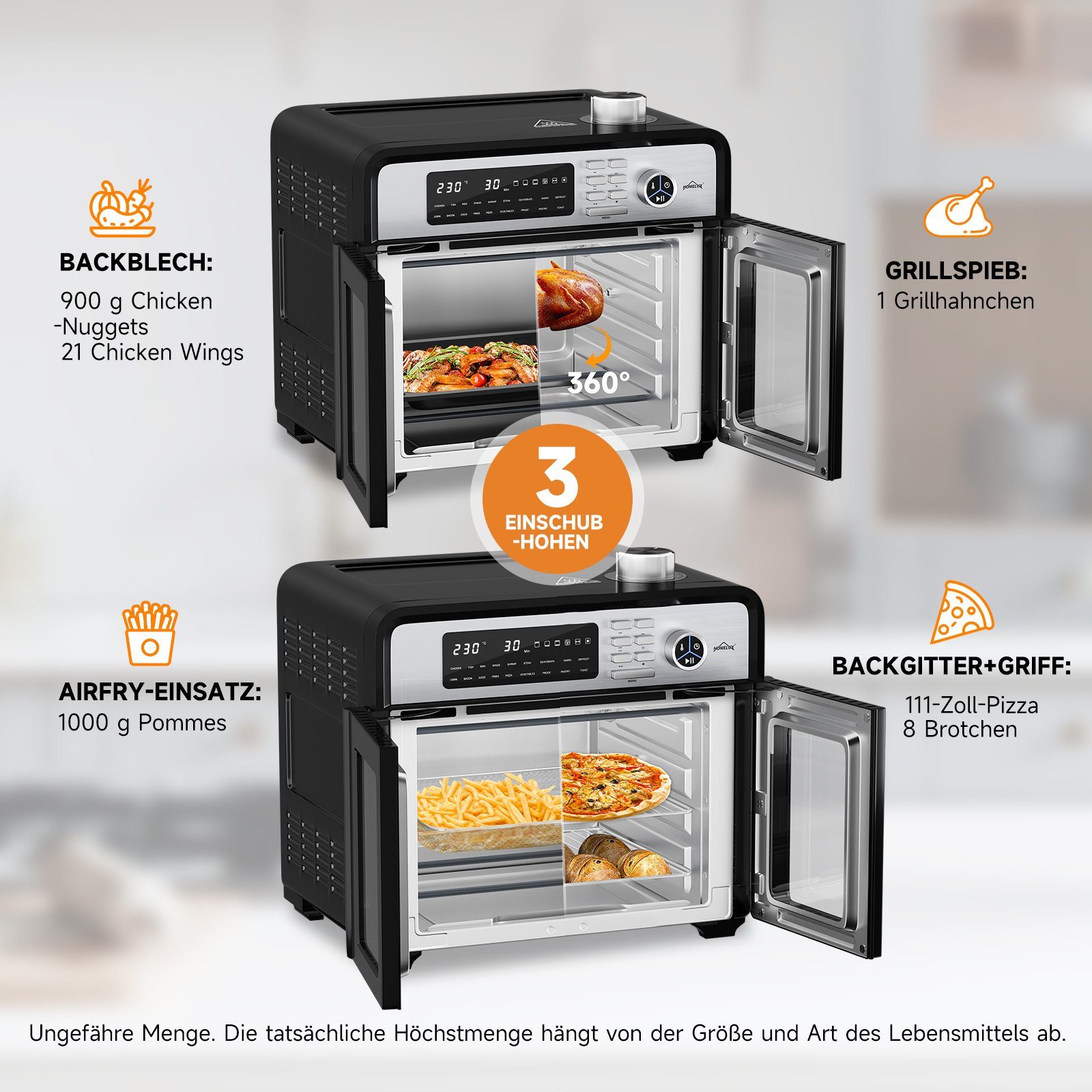 HOMELUX Minibackofen mit Umluft, Heißluftfritteuse XXL 28L, Heißluft-Backofen, Airfryer, 1700W, 18 Programme, 7 Zubehörteile inkl. Drehspieß, Doppelventilator