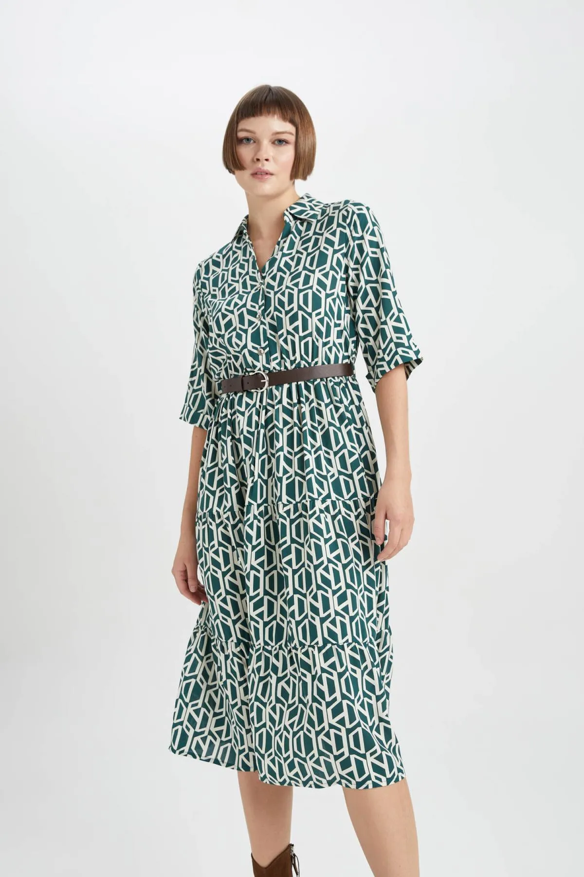 DeFacto  Bedrucktes Midi-Langarmkleid mit Hemdkragen