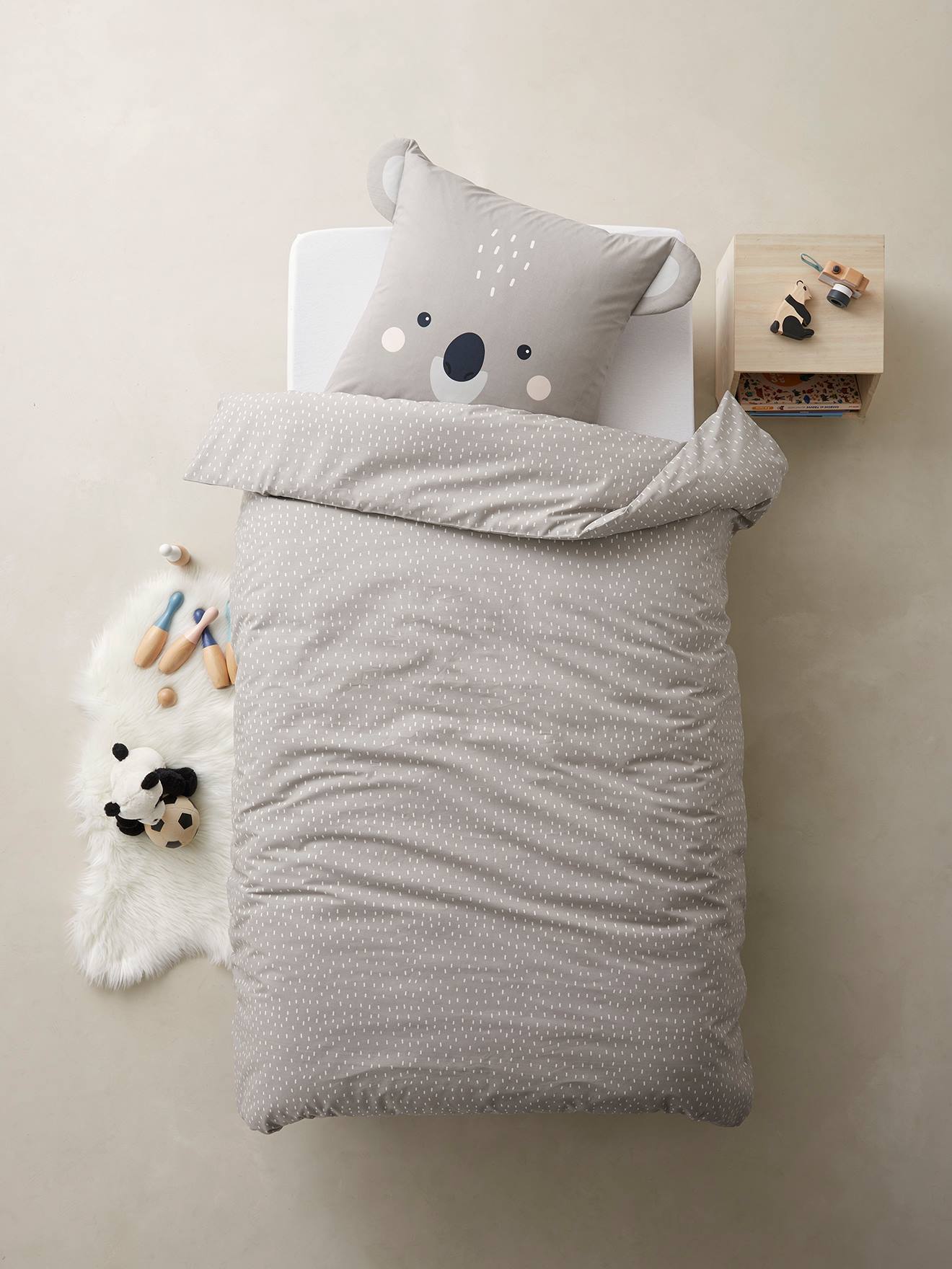 Parure housse de couette + taie d'oreiller BIO* KOALA gris / écru