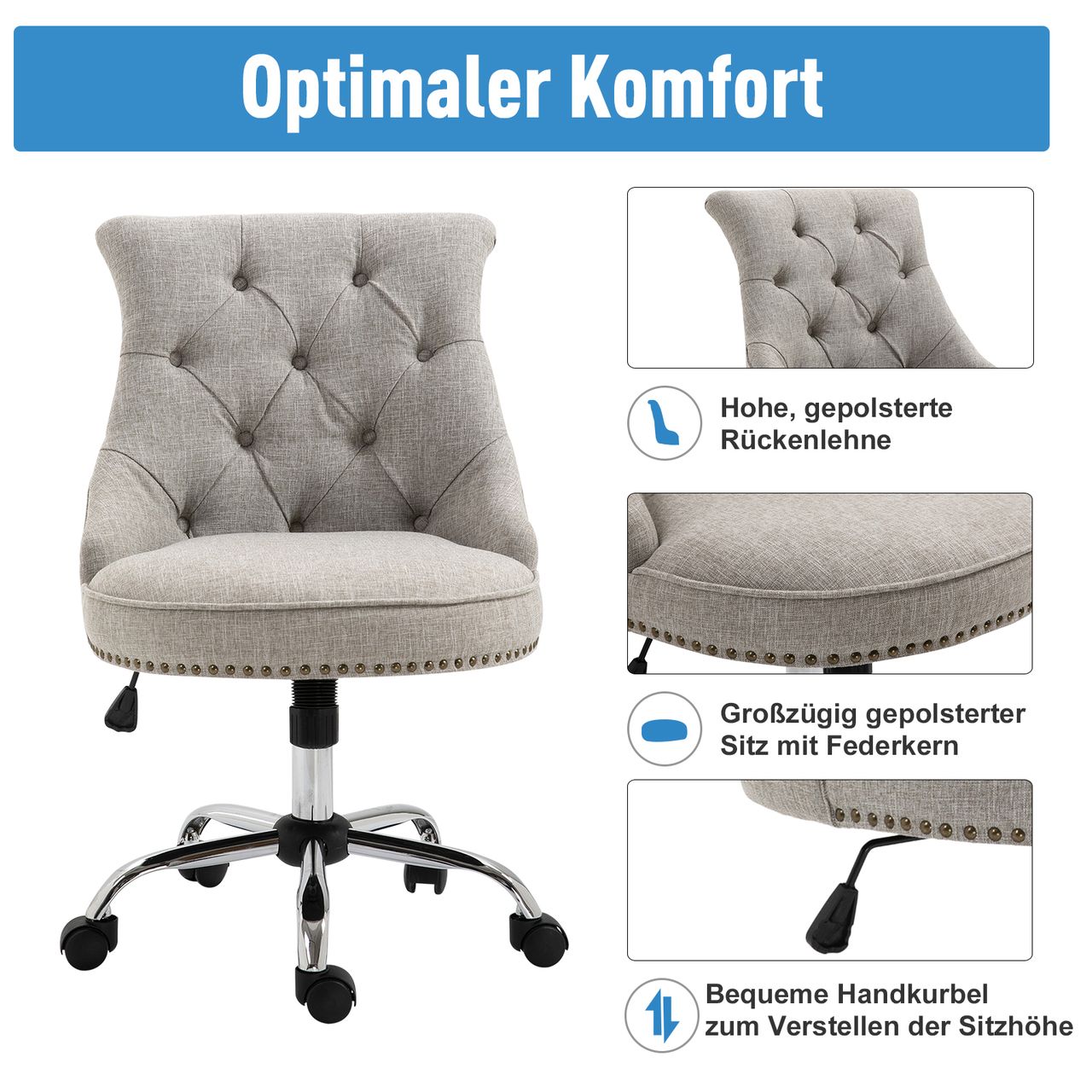 HOMCOM Drehstuhl mit Rollen Polsterstuhl Chefsessel 360° drehbar 150 kg Belastbar Höhenverstellbar Leinen Metall Hellgrau 54 x 65,5 x (84–91) cm