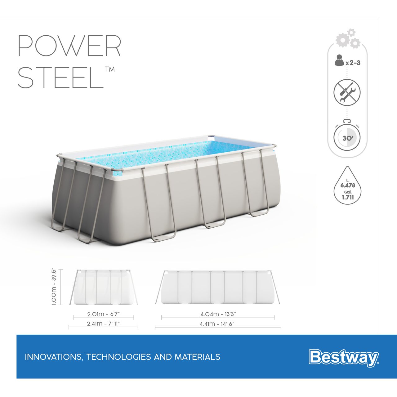 Bestway Power Steel™ Frame Pool-Set mit Filterpumpe 404 x 201 x 100 cm , lichtgrau, eckig