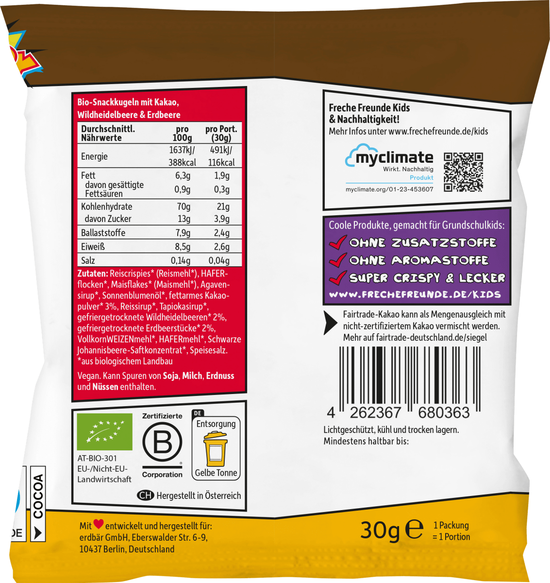Kindersnack Knusperkugeln Kakao, Blaubeere & Erdbeere, ab 3 Jahren, 30 g