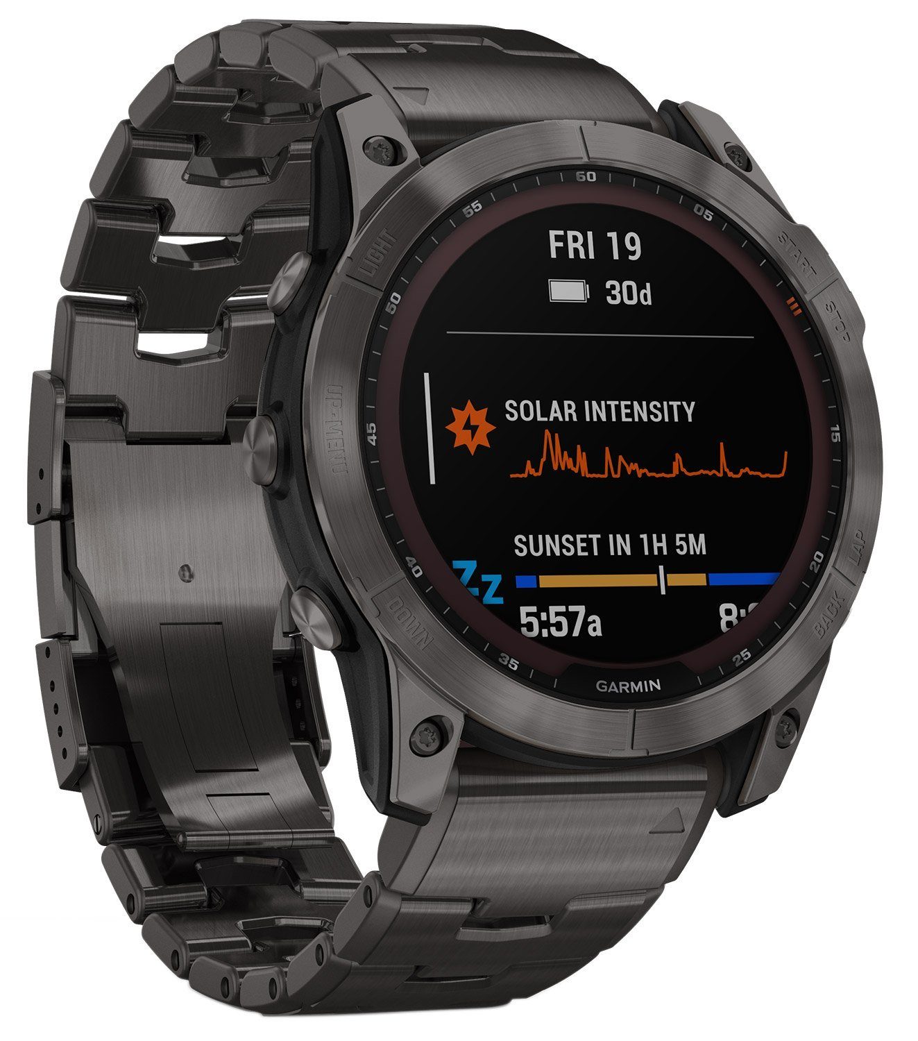 Garmin fenix 7X Saphir Solar Schwarz mit Titan-Band Fitnessuhr (3.55 cm/1.4 Zoll, Proprietär), 1-tlg.