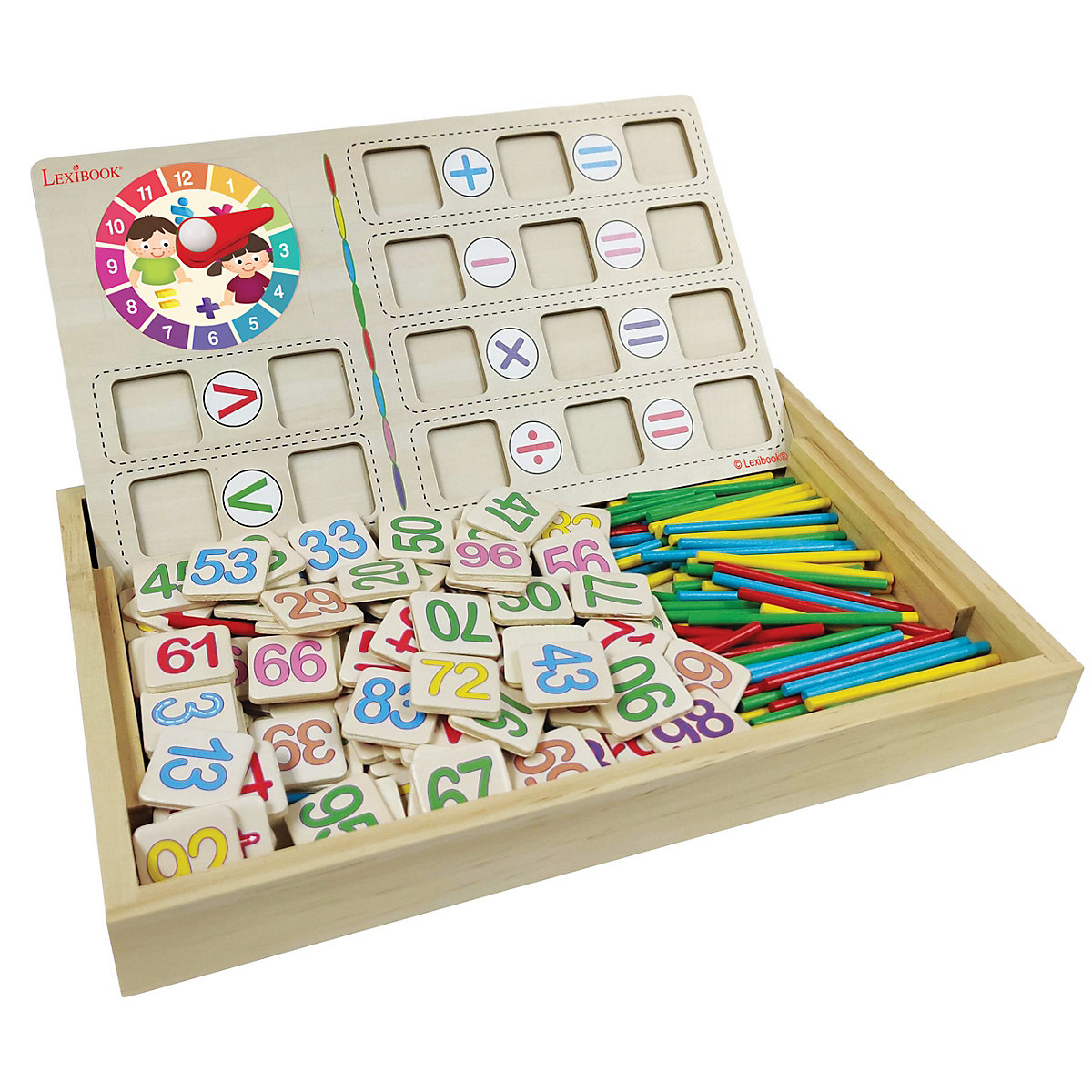 Lernspielkasten aus Holz - Erste Rechenübungen & Uhrzeit, inkl. Lernuhr und Zeichentafel