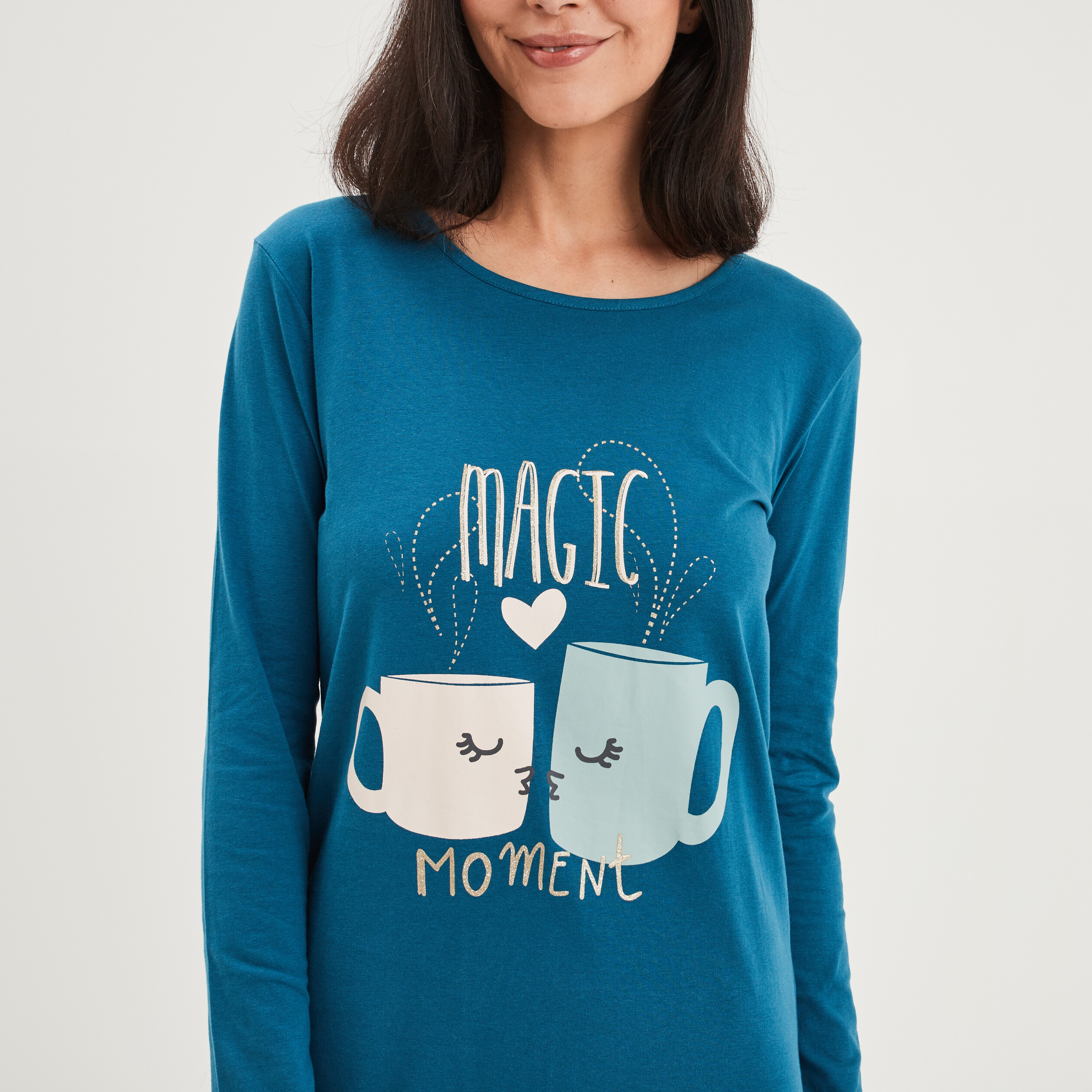 Chemise de nuit t-shirt manches longues bleu canard femme | La Halle