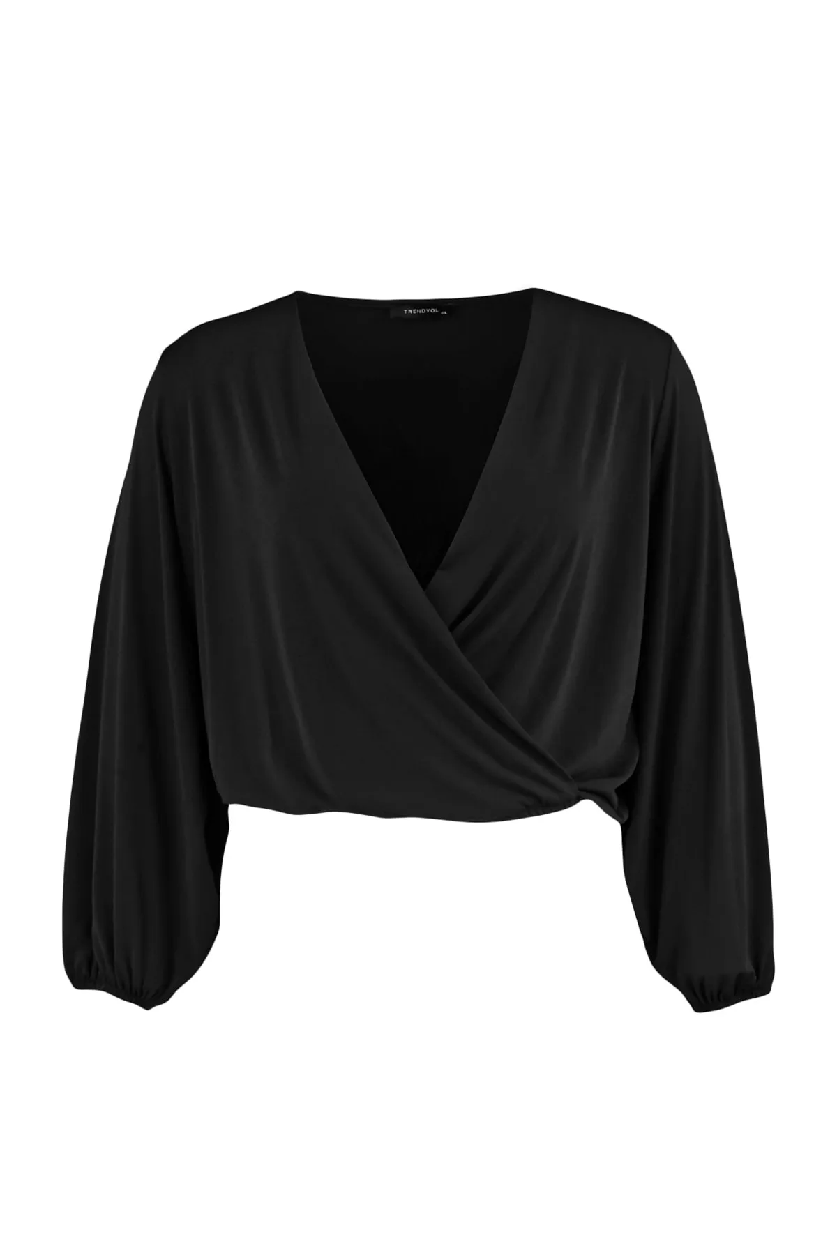 Trendyol Curve  Schwarze Strickbluse mit Ballonärmeln und zweireihigem Kragen TBBAW23AF00029