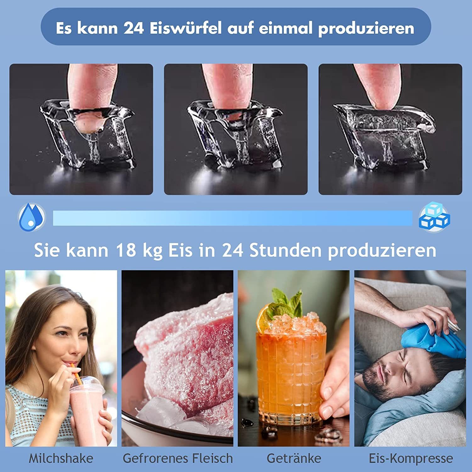 COSTWAY Eiswürfelmaschine, 24 Eiswürfel in 15min, 18kg 24 H, 3,2L Wassertank