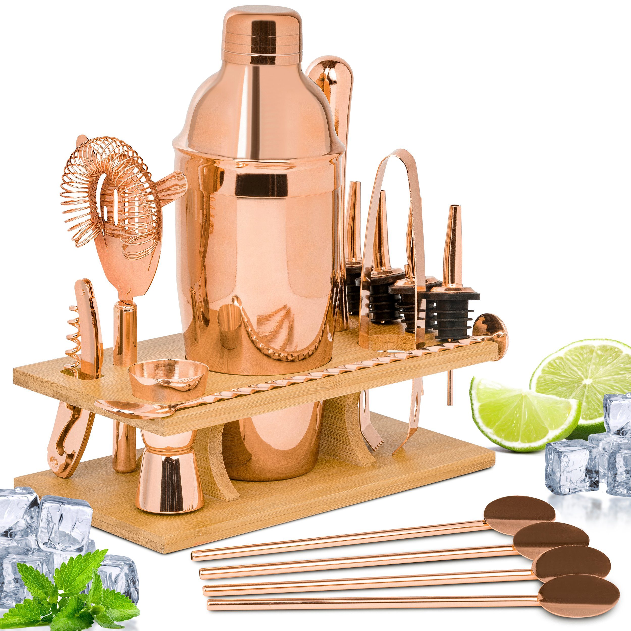 ONVAYA Cocktail Shaker Cocktail Set in Rosé-Gold, Cocktail Geschenkset mit Bambus-Halter