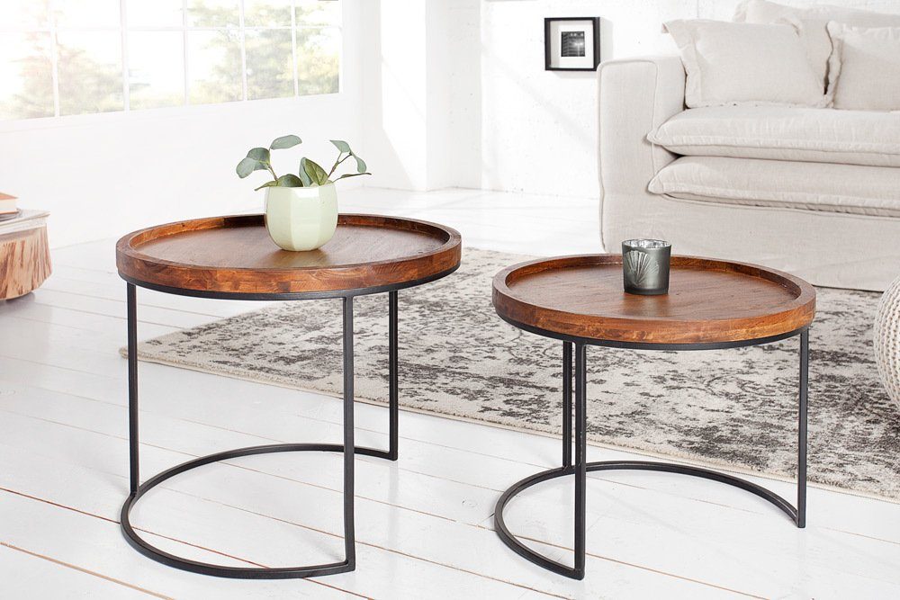 riess-ambiente Beistelltisch ELEMENTS Ø55cm natur / schwarz (Set, 2-St), Akazie-Massivholz · rund · Metall-Gestell · Wohnzimmer · Industrial