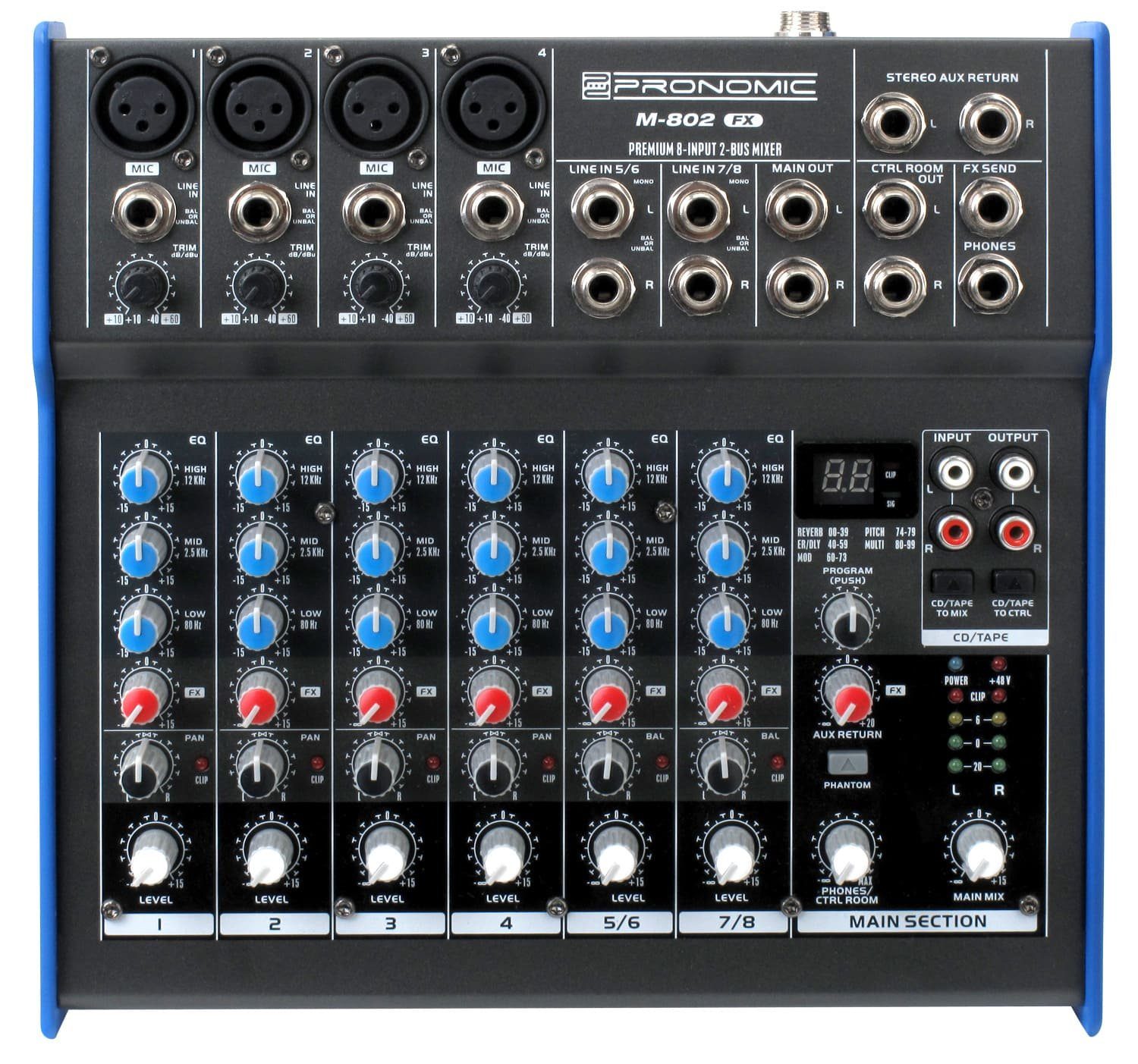 Pronomic Mischpult M-802FX Live/Studio 8-Kanal DJ-Mixer, mit digitalem 24bit Multieffektprozessor