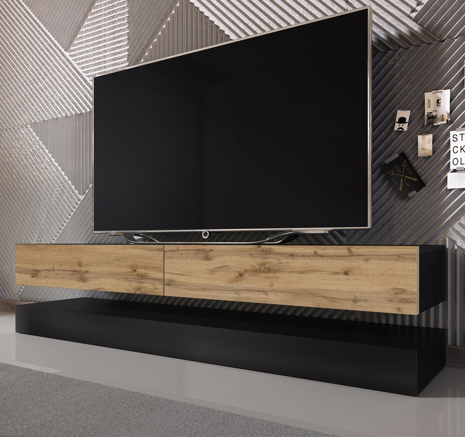GuenstigEinrichten Lowboard Bird (TV-Board in schwarz und Wotan Eiche, Breite 140 cm), mit Stauraum, inklusive LED Beleuchtung