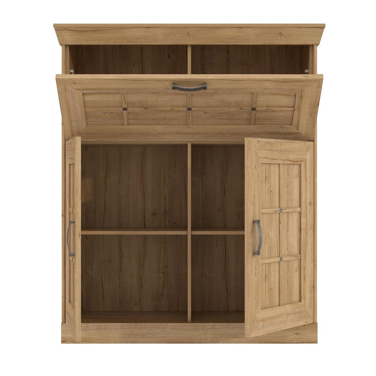 möbelando Barschrank Kalamaria Barschrank im modernen Landhausstil aus Spanplatte in Waterford Eiche Nachbildung mit 2 Holztüren, 1 Klappe und 2 Einlegeböden. Breite 119,6 cm, Höhe 141,1 cm, Tiefe 47 cm