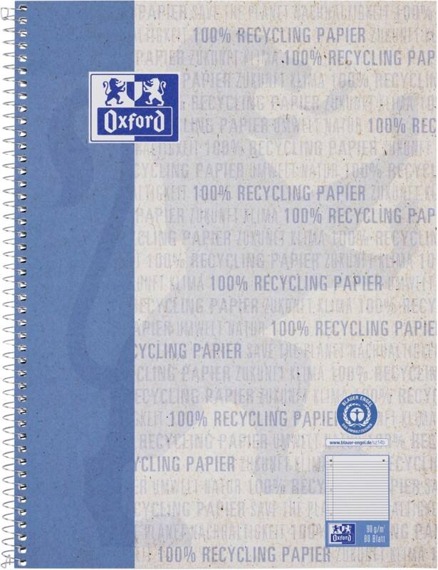 OXFORD Collegeblock DIN A4  Liniert Spiralbindung Kunststoffbeschichteter Karton Blau Perforiert Recycled 160 Seiten