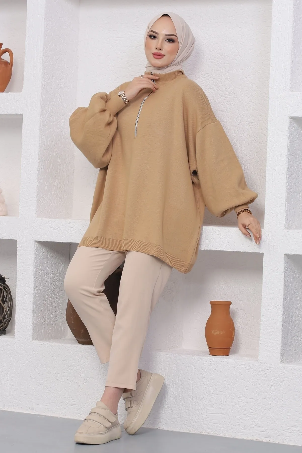 InStyle  Sara Stricktunika mit Reißverschluss – Kamel