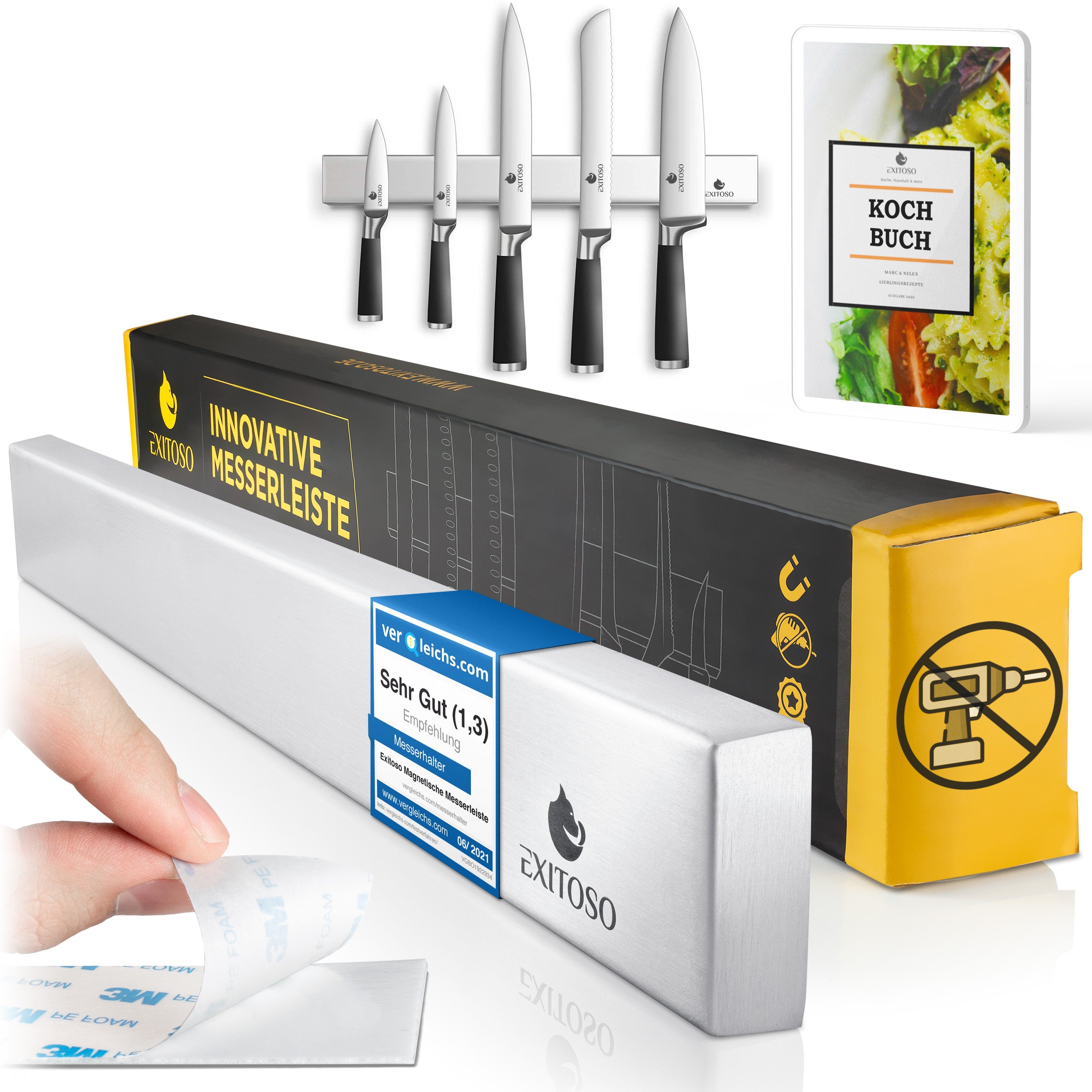 Exitoso Wand-Magnet Messer-Leiste 40 cm selbstklebend, Edelstahl Magnetleiste Messer - OHNE Bohren silber