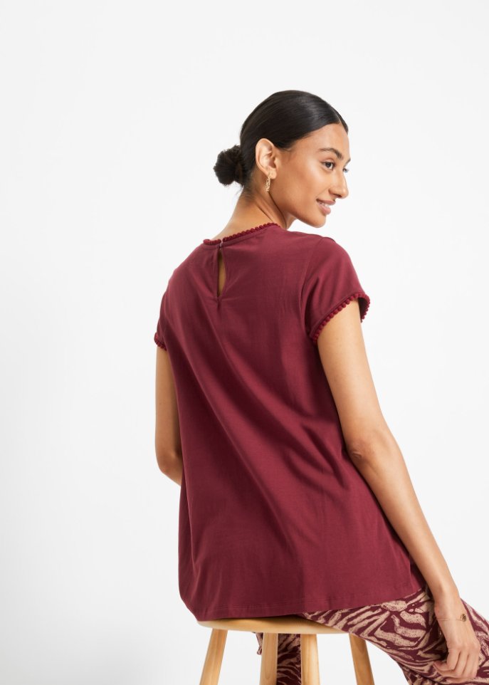 Baumwoll-Shirt mit Spitze in A-Line, kurzarm