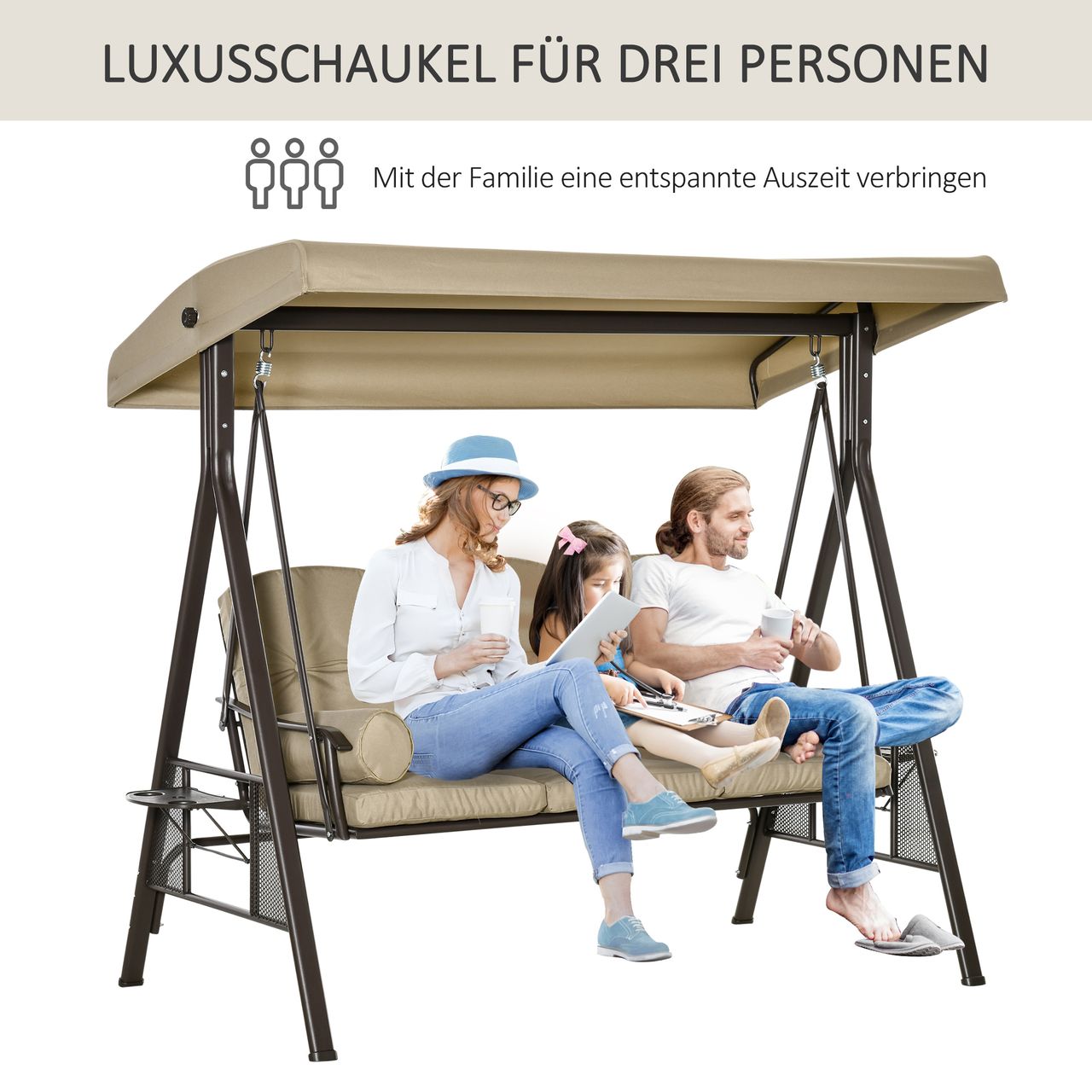 Outsunny 3-Sitzer Hollywoodschaukel Gartenschaukel mit Sonnendach Kissen Metall Polyester Grau 116 x 206 x 183 cm