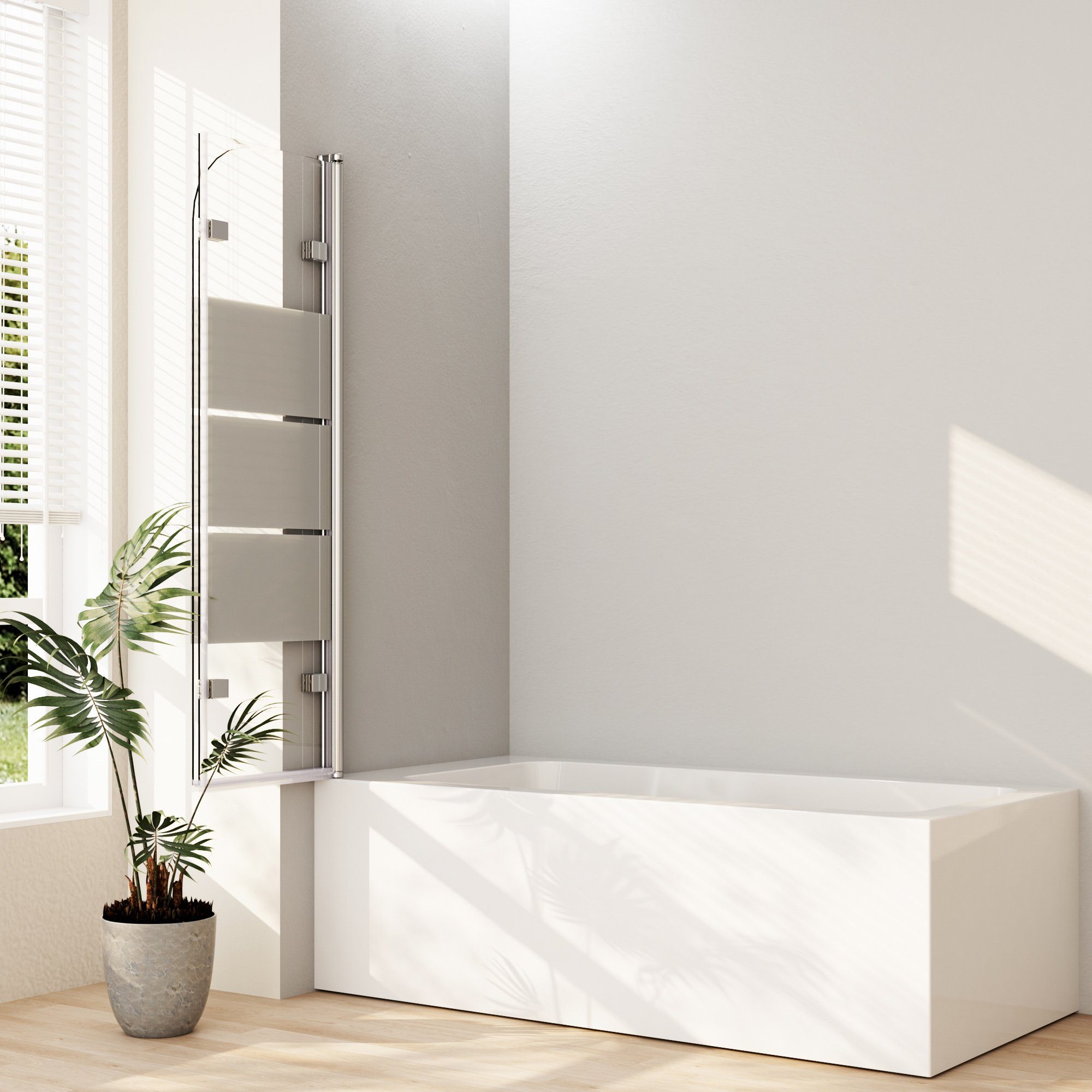 Boromal Badewannenfaltwand Badewannenaufsatz 140 x 140cm 3 teilig 180° faltbar Milchglas Klarglas, 5mm Sicherheitsglas, Rechts-und Links montierbar, Hebe- / Senkfunktion
