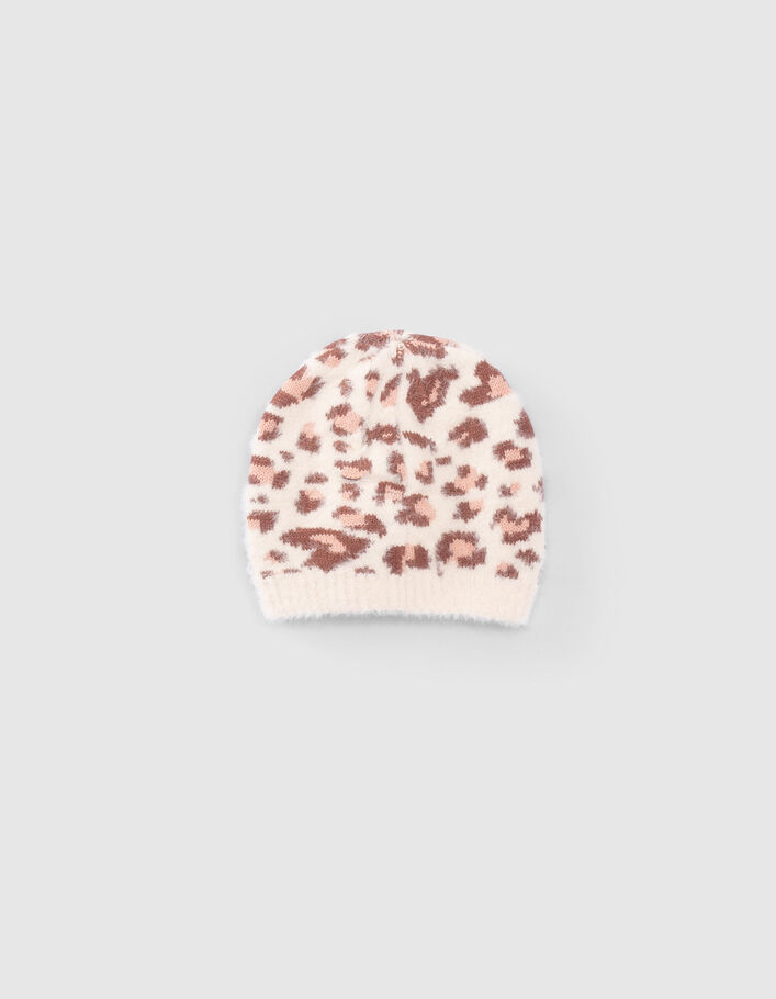 Bonnet écru tricot motif léopard-coeurs fille