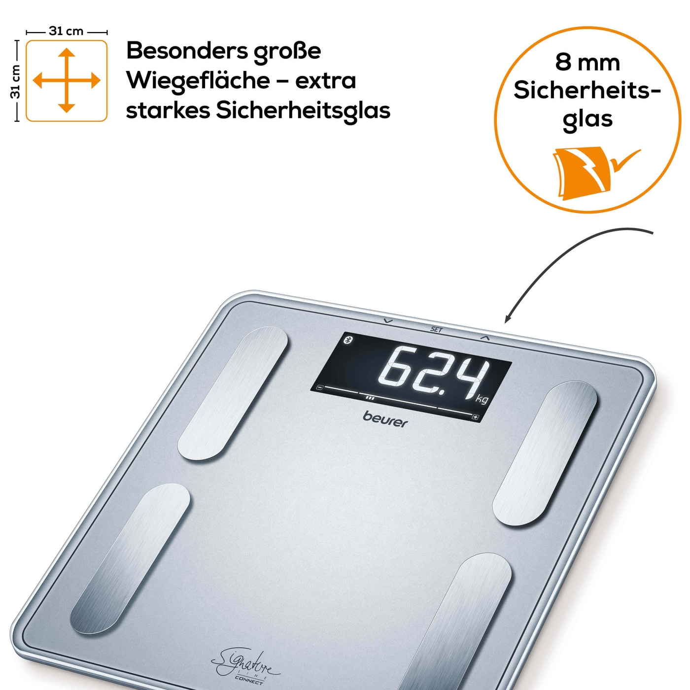 Beurer Diagnosewaage BF 405 Signature Line-Körperfettwaage mit Ganzkörperanalyse, Interpretation der Messwerte & App-Anbindung - bis 200 kg
