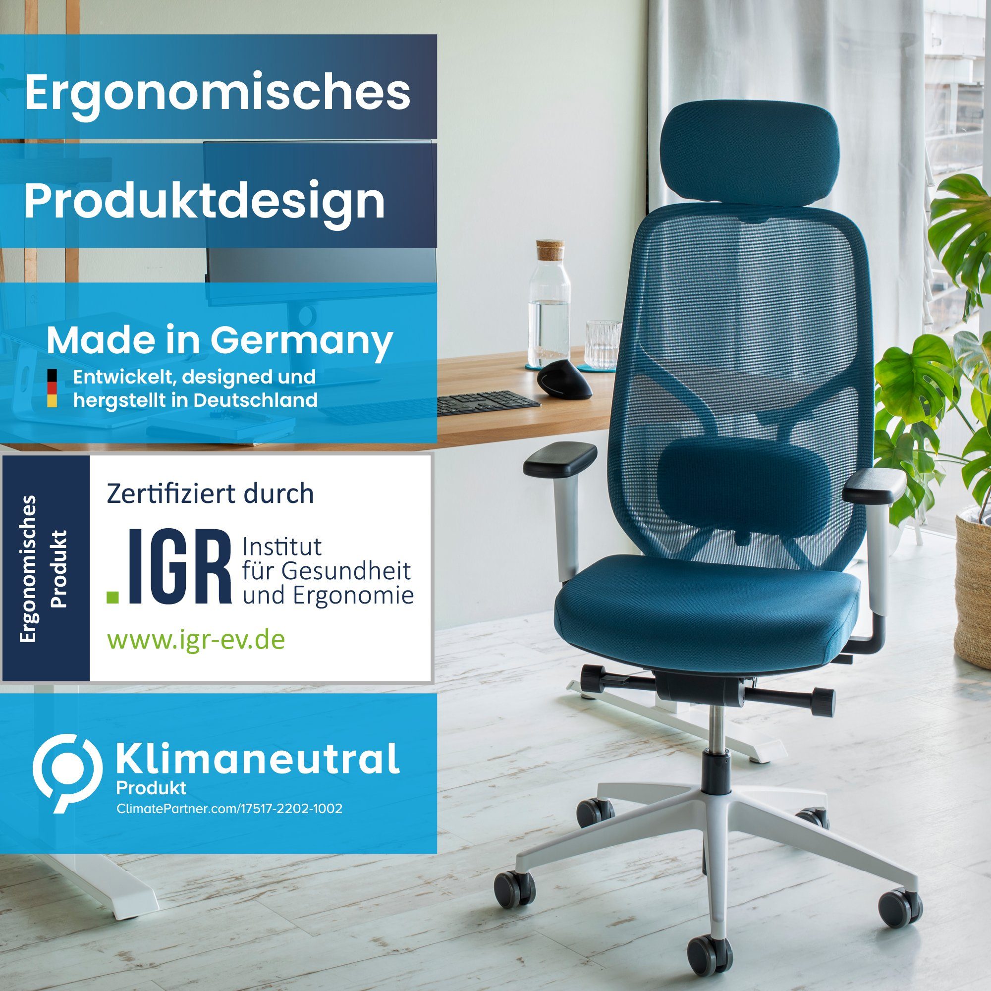Ergotopia Bürostuhl MasterBack ergonomischer Schreibtischstuhl mit Kopfstütze (bereits montiert), 3D Neigungsmechanik, Synchronmechanik, 3D Armlehnen