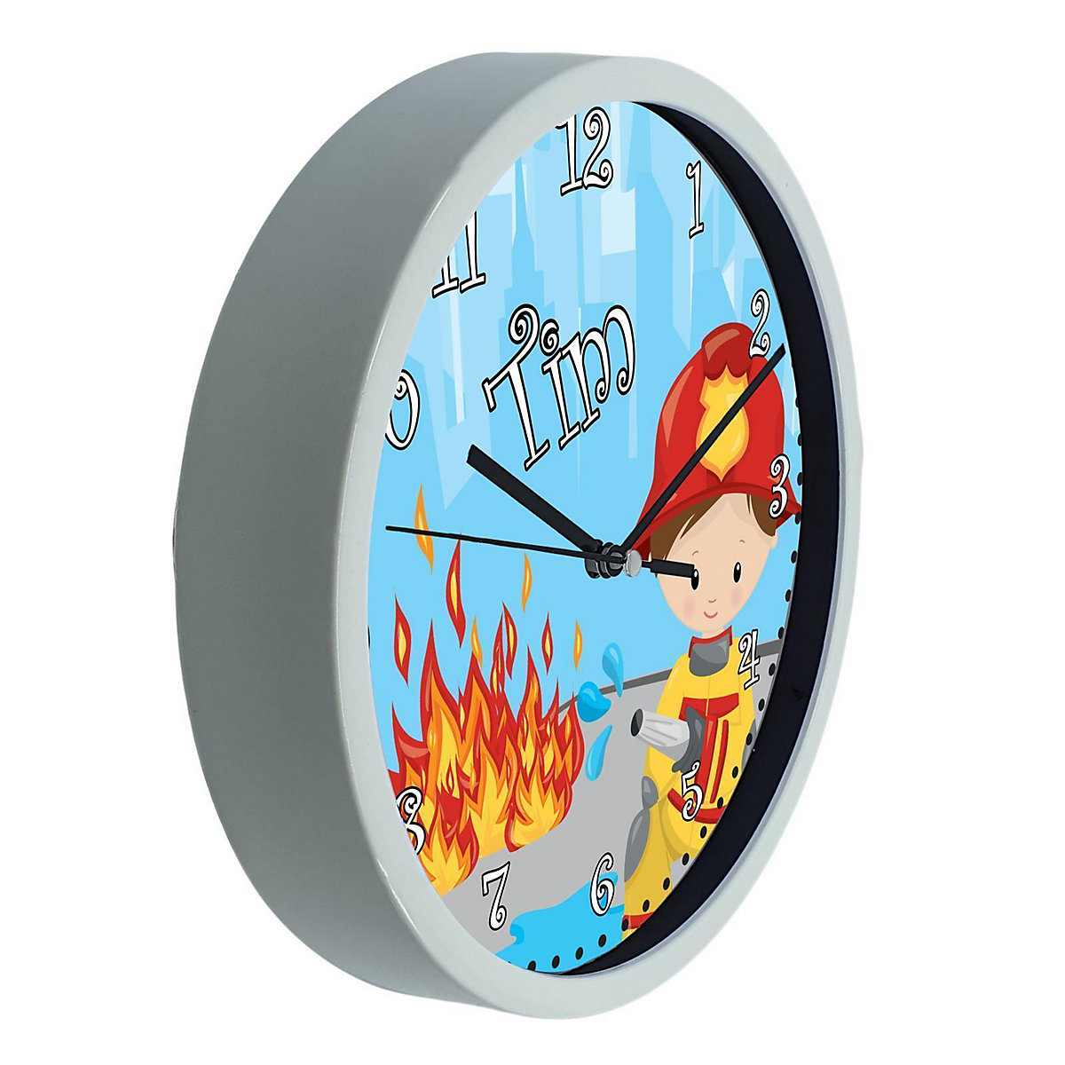 Kinder Wanduhr personalisiert mit Name Feuerwehrmann
