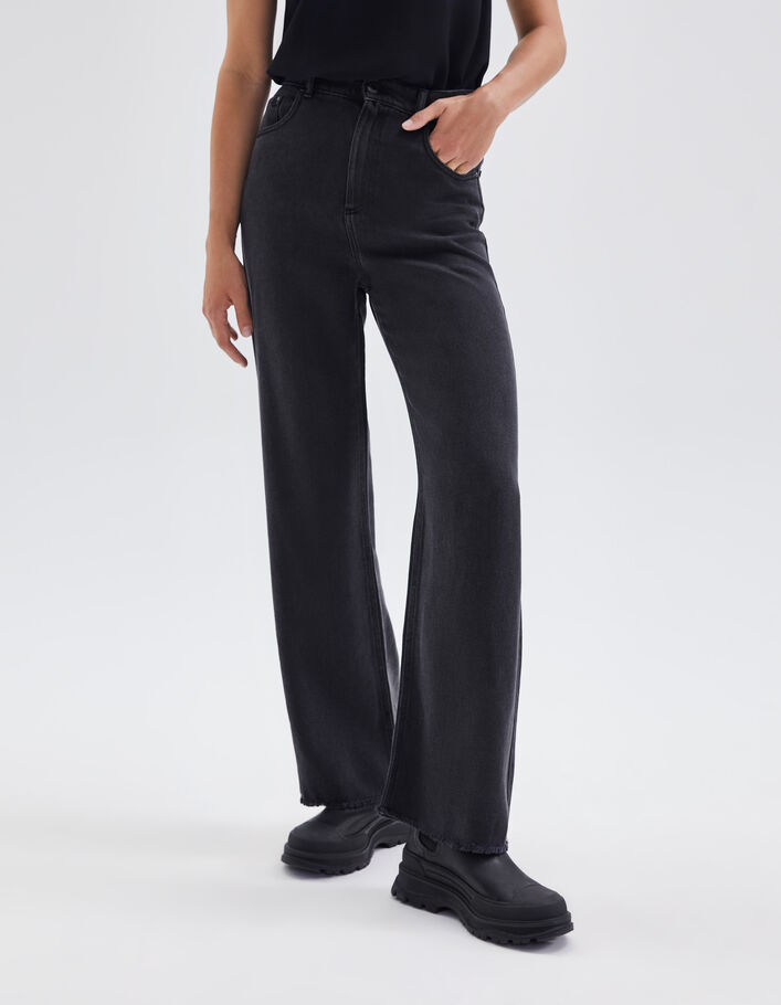 Jean large gris taille haute 7/8e bas frangés Femme
