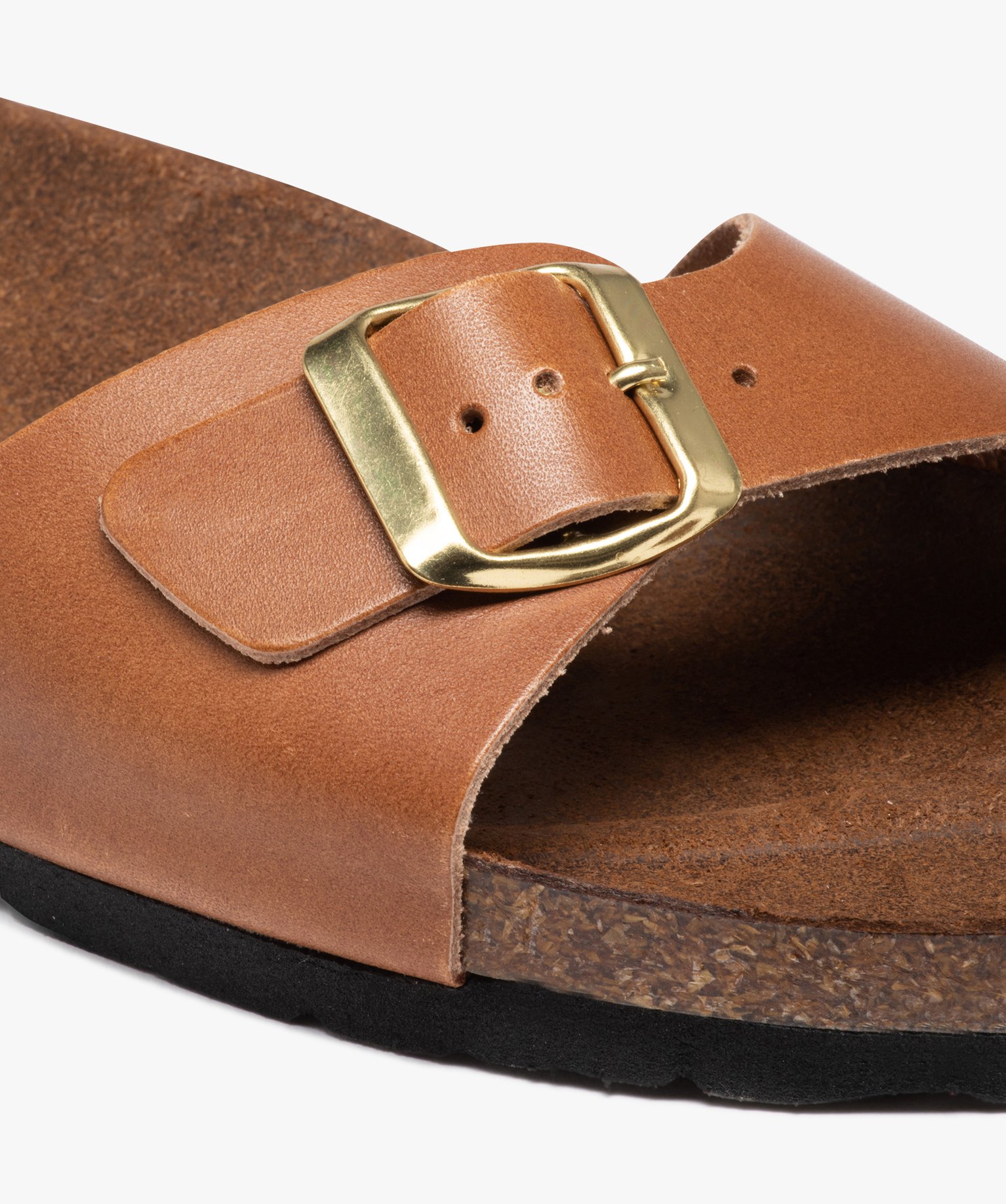 Mules femme à talon plat et bride ajustable en cuir camel | GEMO